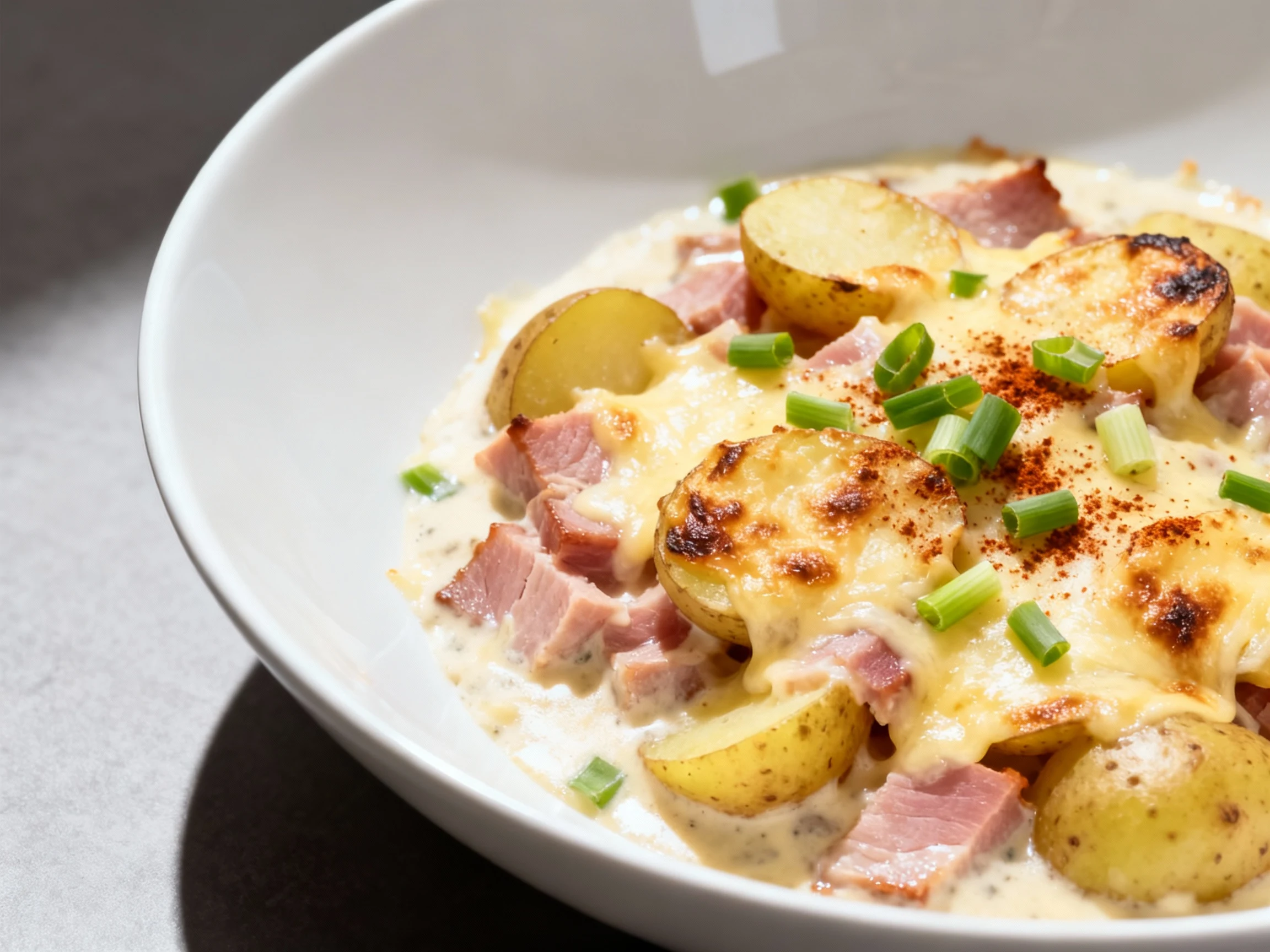 Food photography, Beautifully plated creamy ham and Yukon Gold potatoes in a wide white bowl, Gruyère melted and lightly