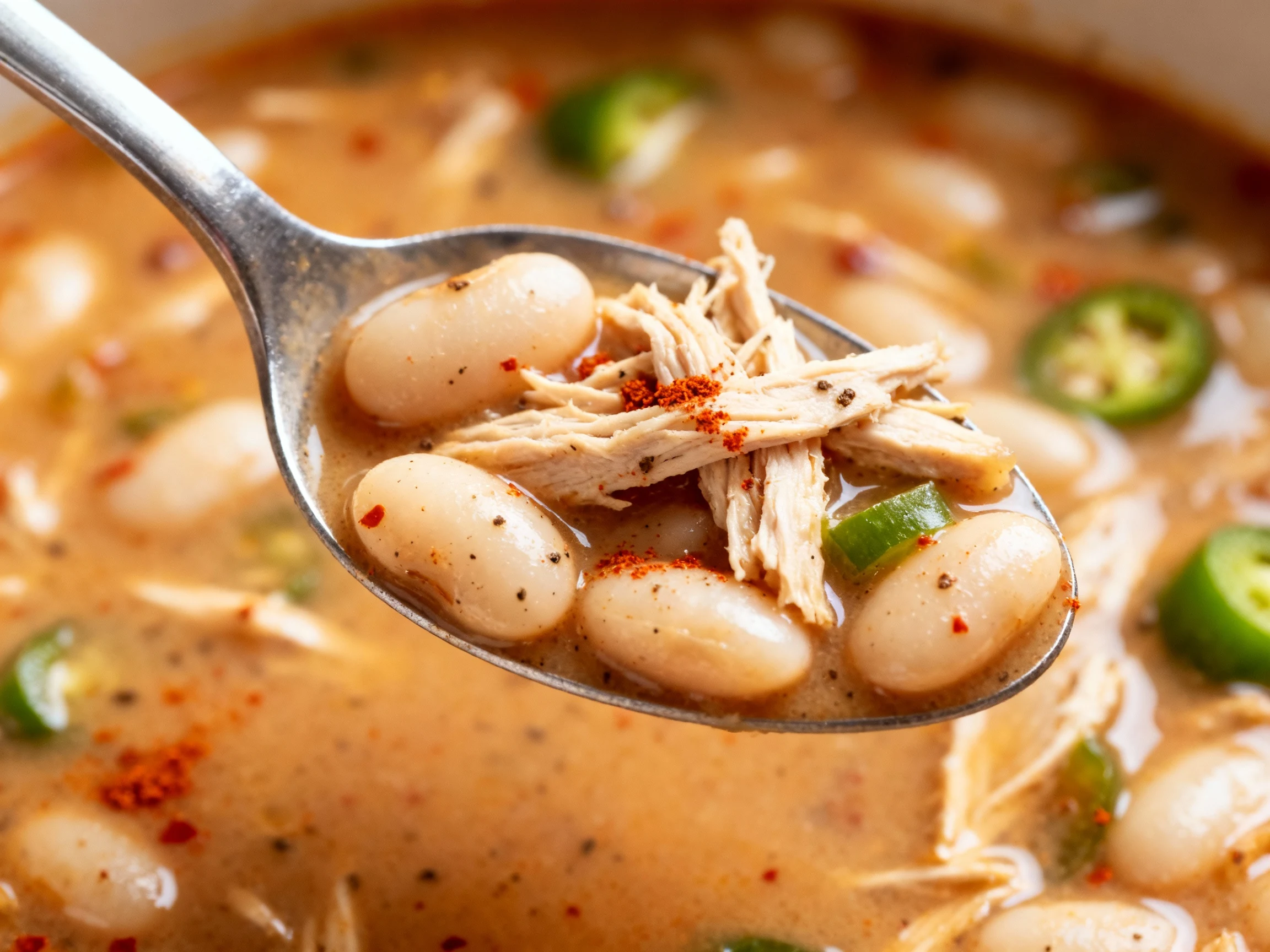 Food photography, Extreme close-up spoonful of white bean chicken chili showing tender chicken shreds, plump white beans