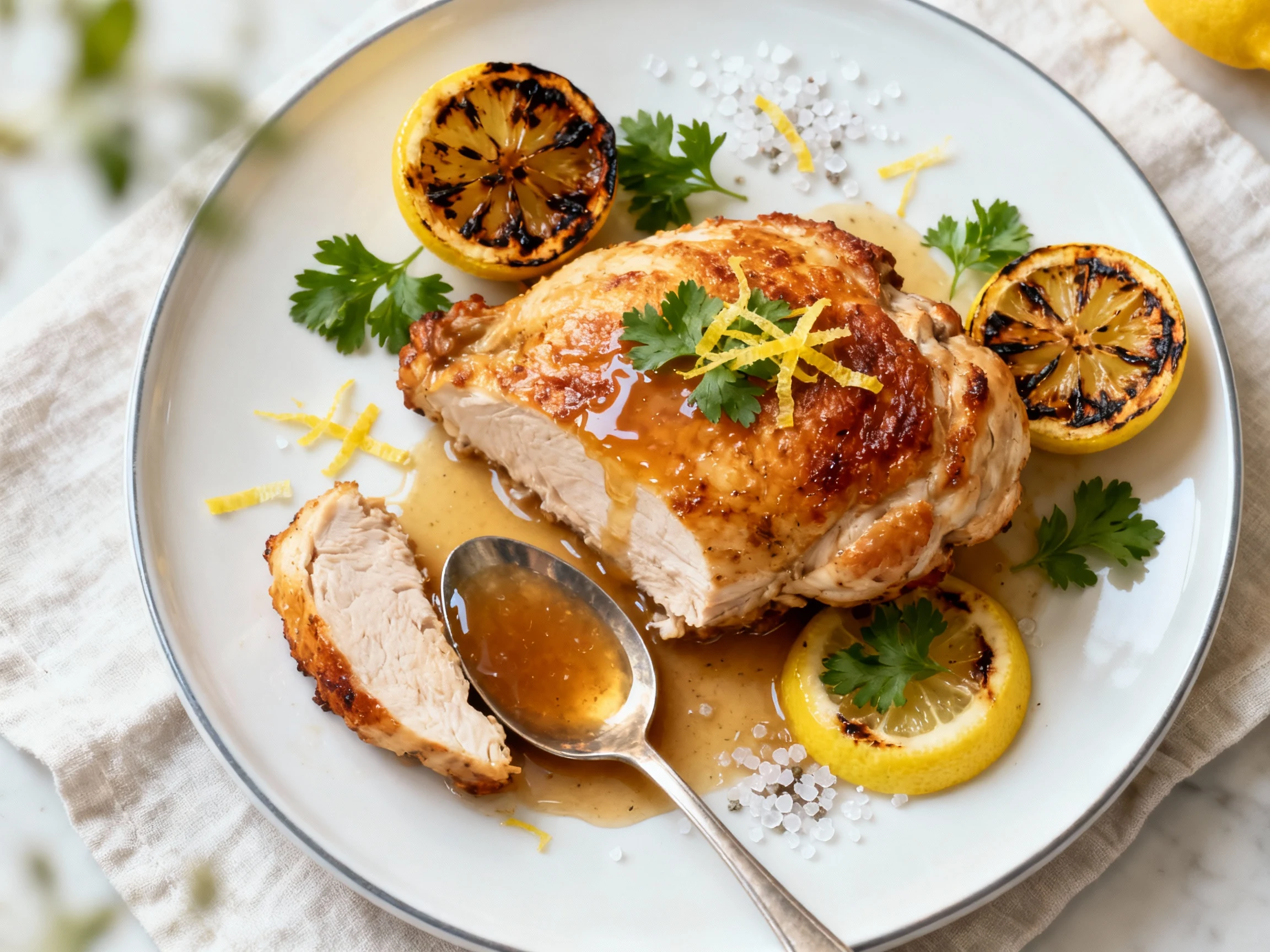 Food photography, Final dish overhead: Overhead shot of beautifully plated crispy-skinned lemon chicken with juicy inter