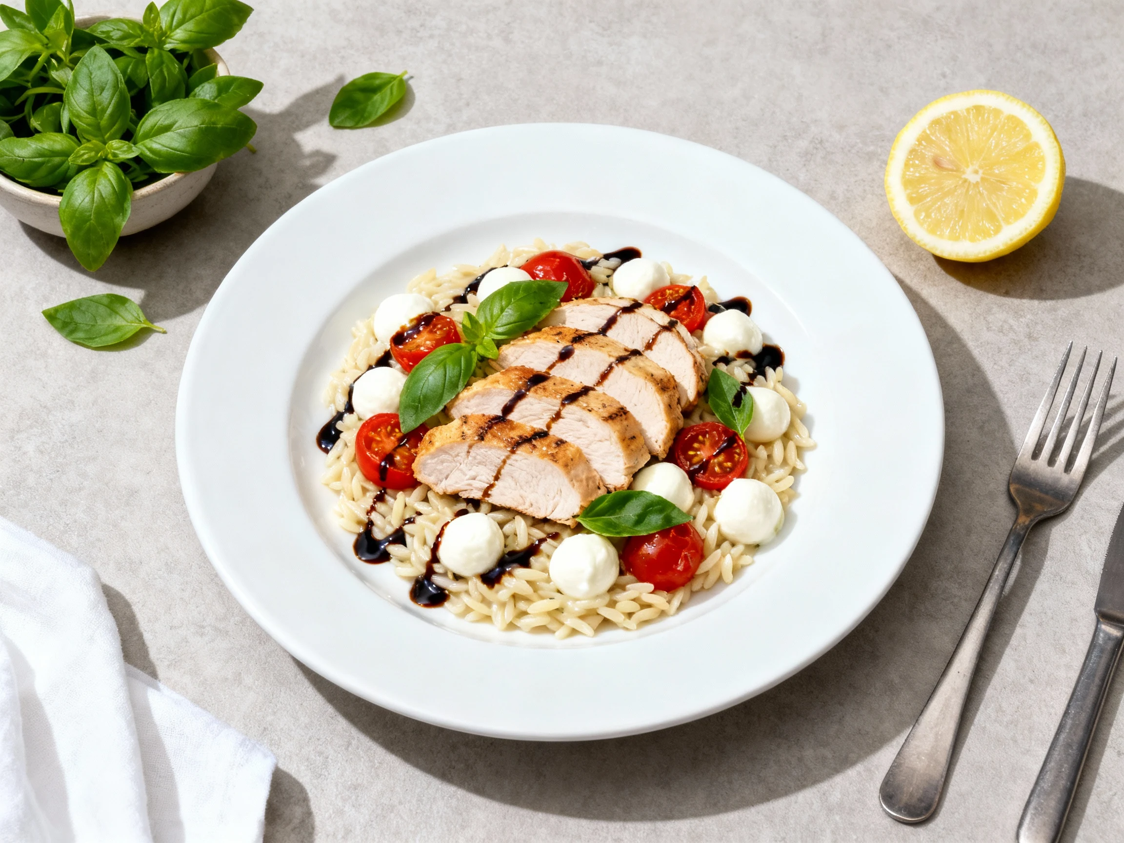 Food photography, Beautifully plated caprese-style lemon-basil chicken orzo: sliced juicy chicken over creamy orzo with 