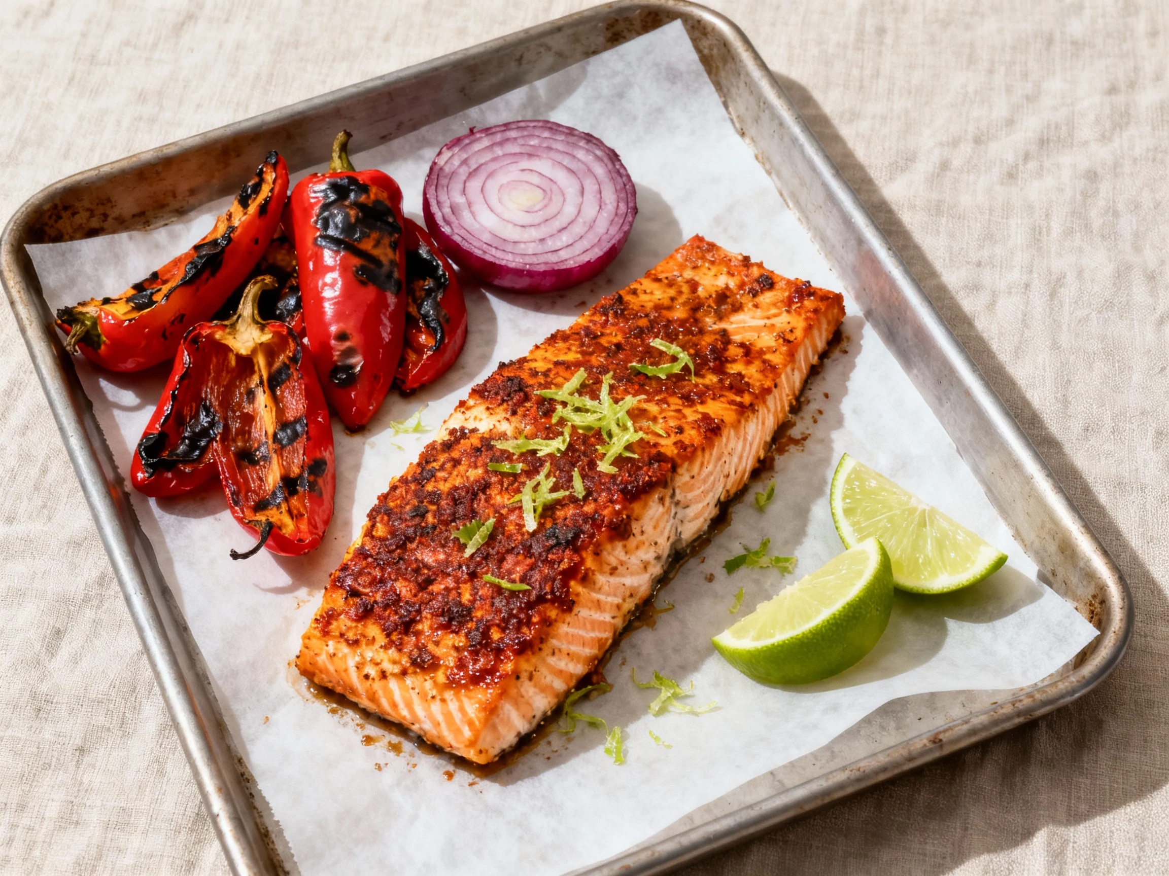 Food photography, Overhead shot of Cajun-lime baked salmon on a parchment-lined sheet pan with charred bell peppers and 