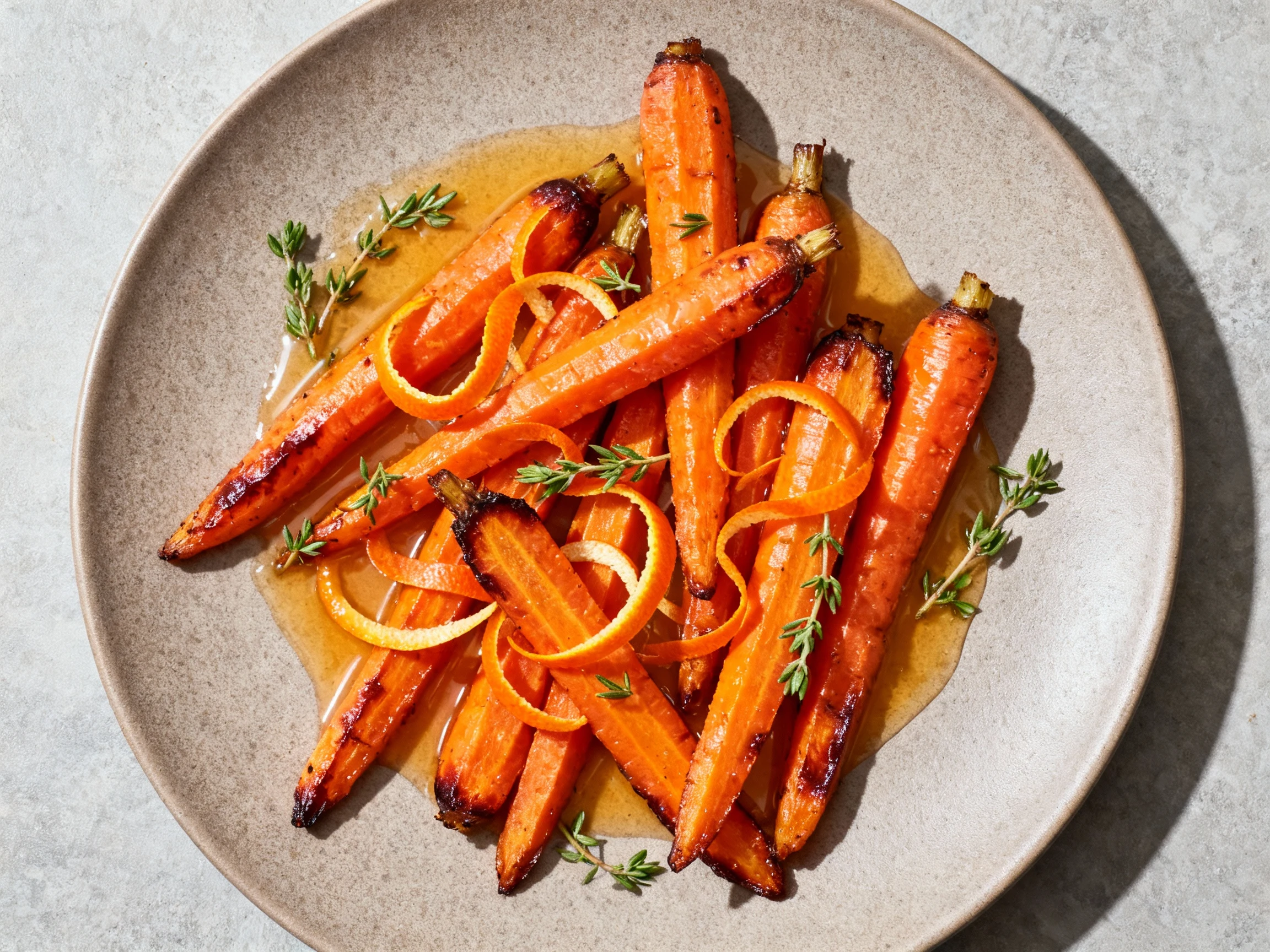 Food photography, 3. Tasty top view: Overhead shot of roasted carrots with citrus and herbs—bias-cut carrots with carame
