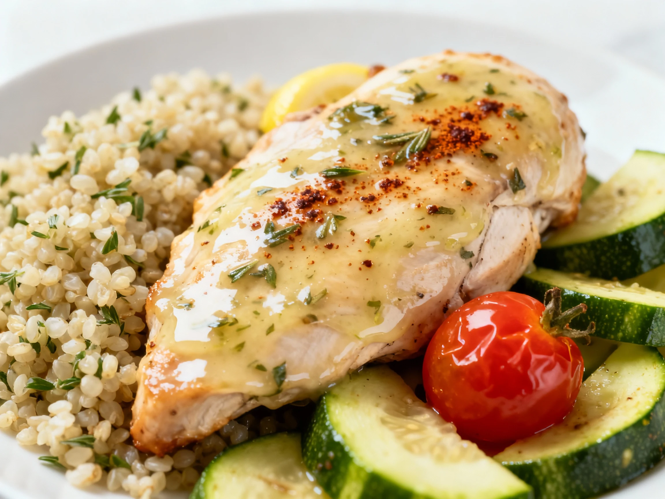 Food photography, Close-up macro of glossy lemon-garlic chicken coated in light sauce with flecks of Italian herbs and s