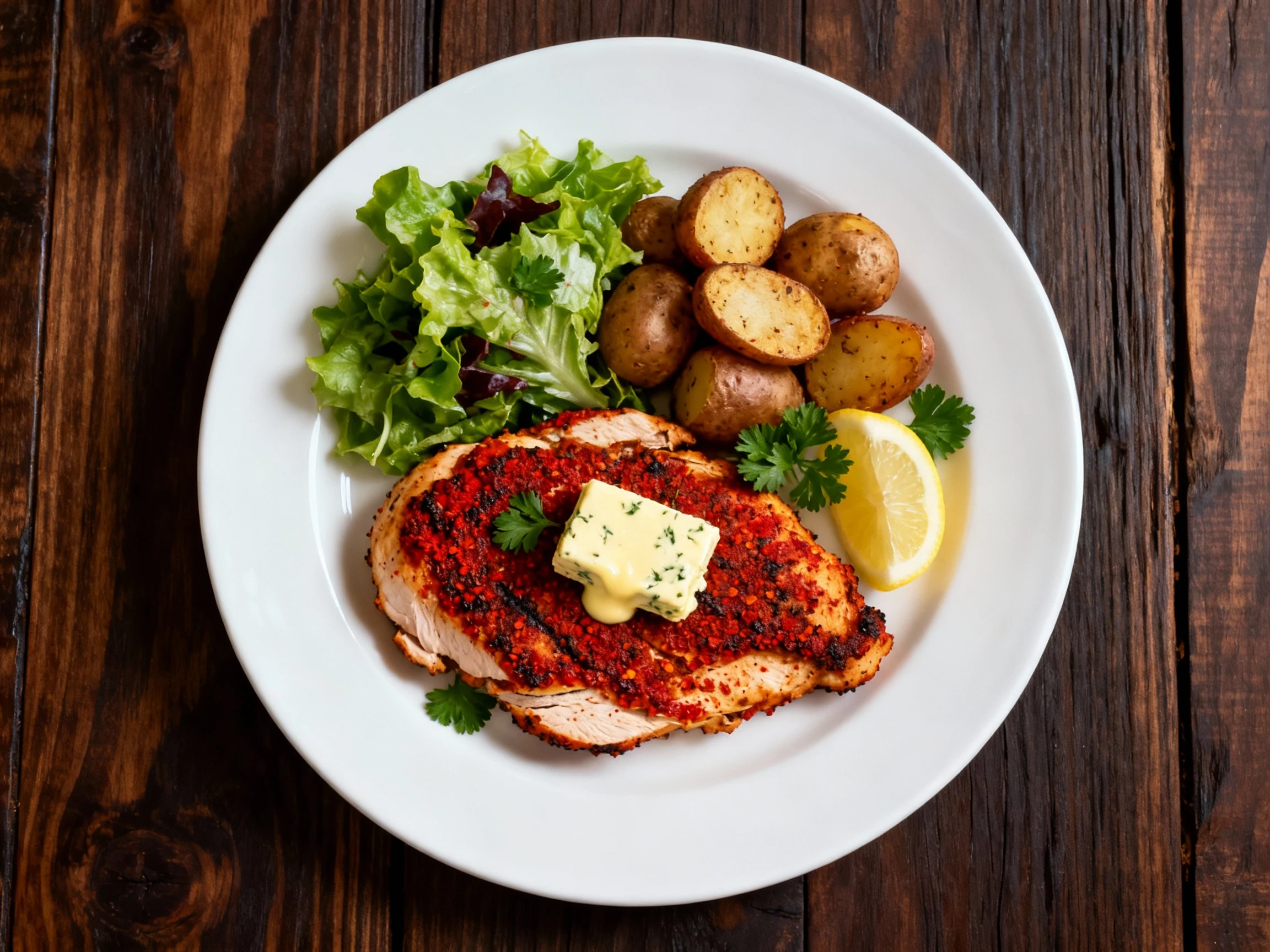 Food photography, Overhead final plate: Cajun blackened turkey cutlets with paprika-red crust and a melting herb-butter 