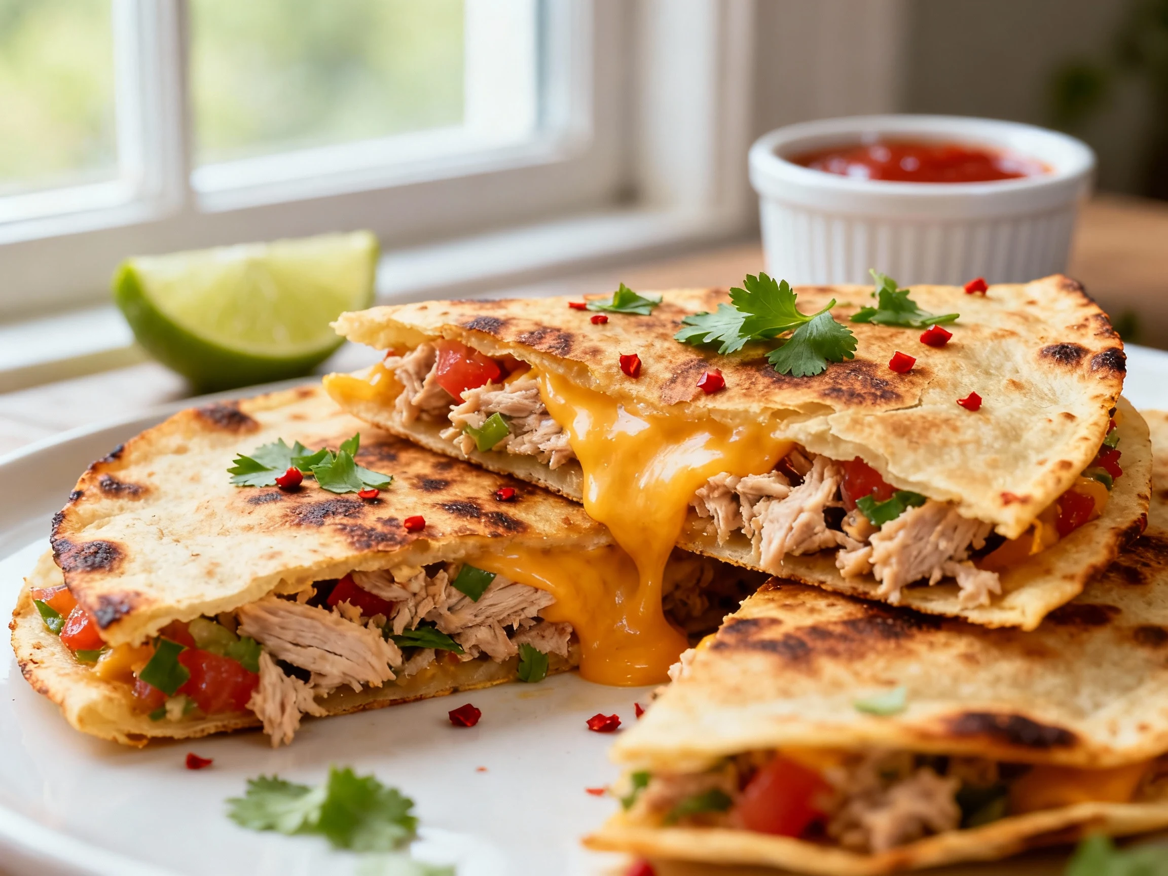 Food photography, Close-up detail: Golden tuna quesadilla melt—salsa-mixed tuna and melted cheddar oozing between bliste