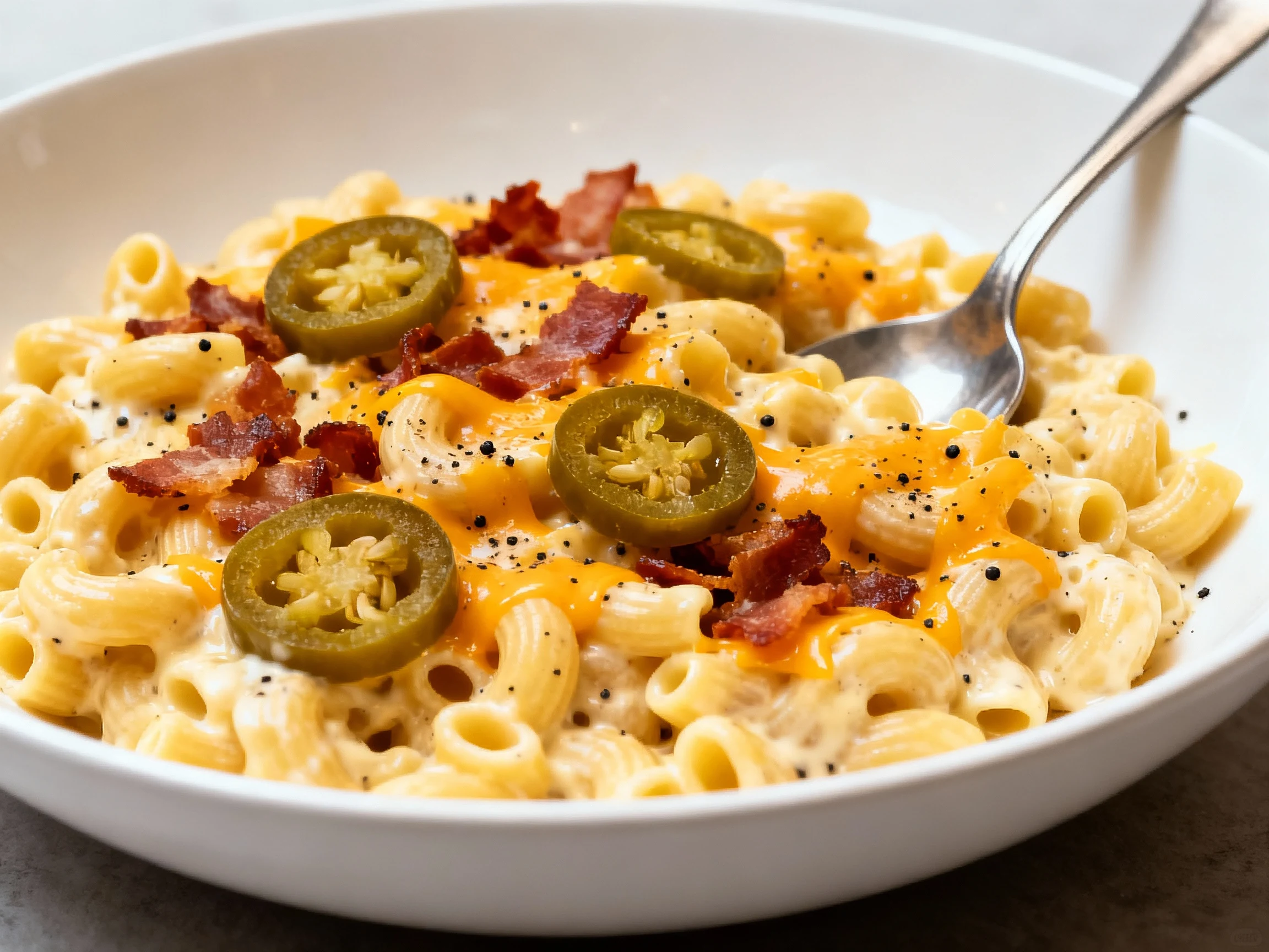 Food photography, 3. Final plated variant: Jalapeño Popper mac and cheese in a wide white bowl—creamy sauce coating elbo