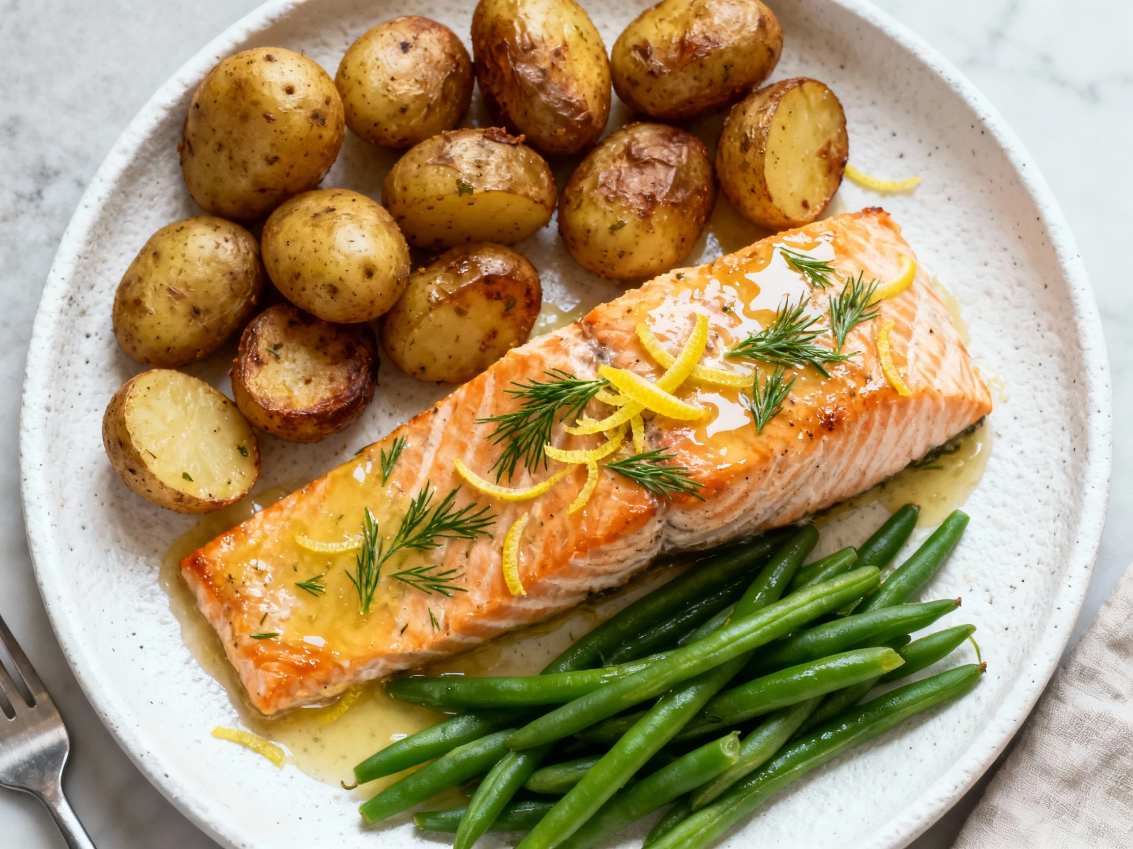 Food photography, Final plated, top-down: Lemon-dill oven-baked salmon on white stoneware, glossy lemon-butter finish wi