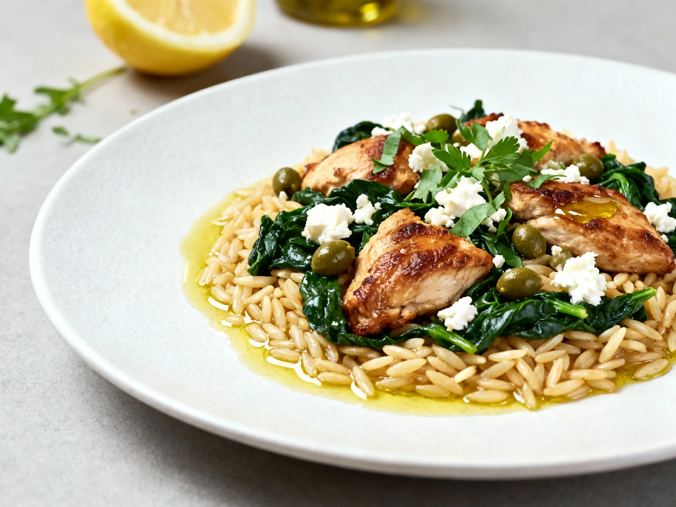 Food photography, 3. Beautifully plated Lemon Chicken Orzo: warm orzo tossed glossy with olive oil and lemon, tender bro