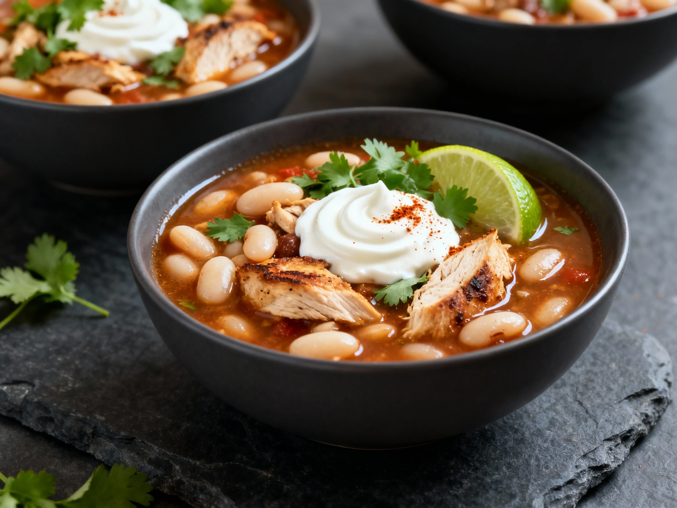 Food photography, Three-quarter angle hero of chicken and white bean chili with a swirled dollop of Greek yogurt for cre