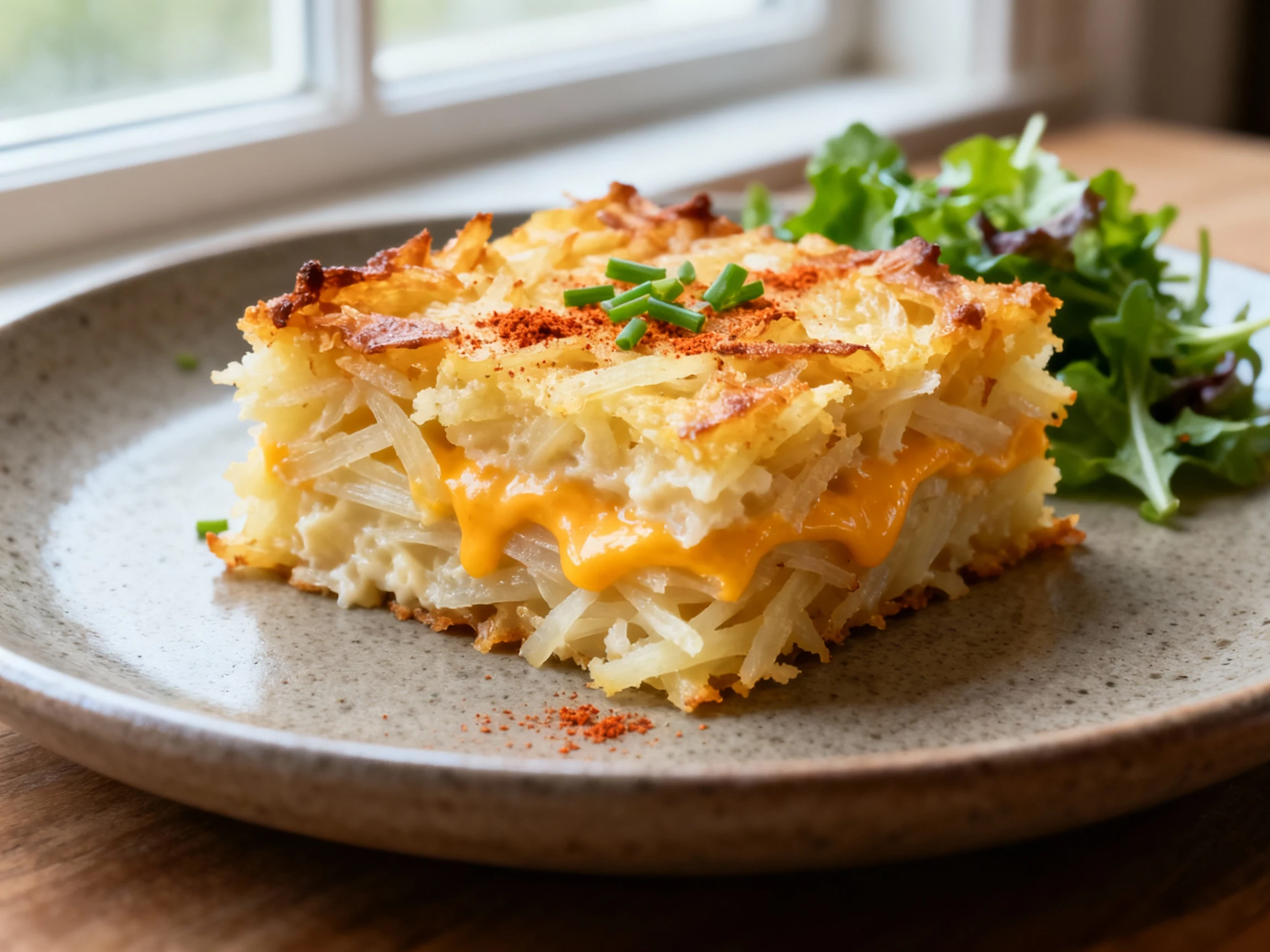 Food photography, Plated final dish: a clean-cut square of hash brown casserole on matte stoneware, showing creamy potat