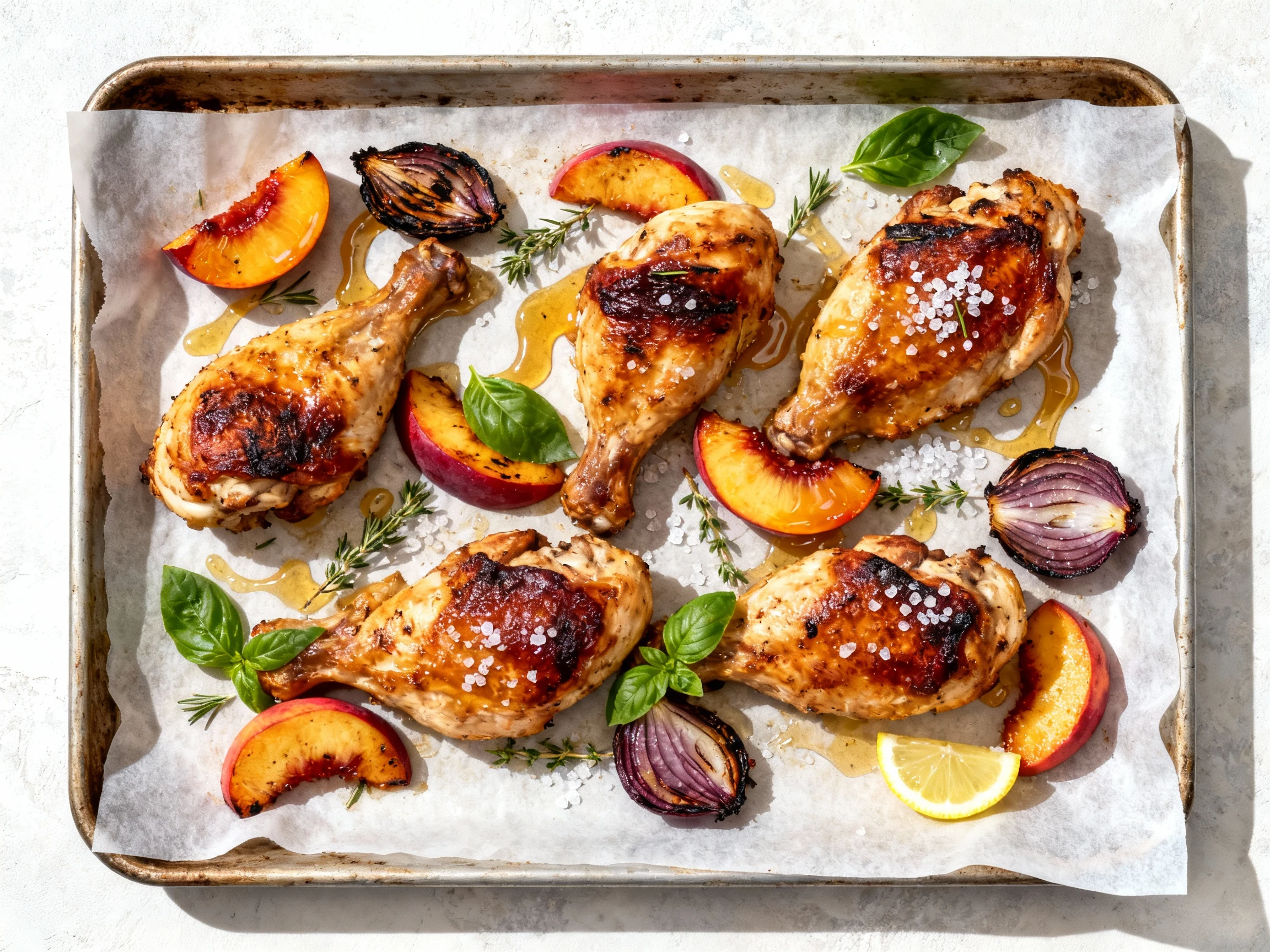 Food photography, Overhead tasty top view - sheet-pan variation: roasted chicken pieces with deep golden edges, carameli