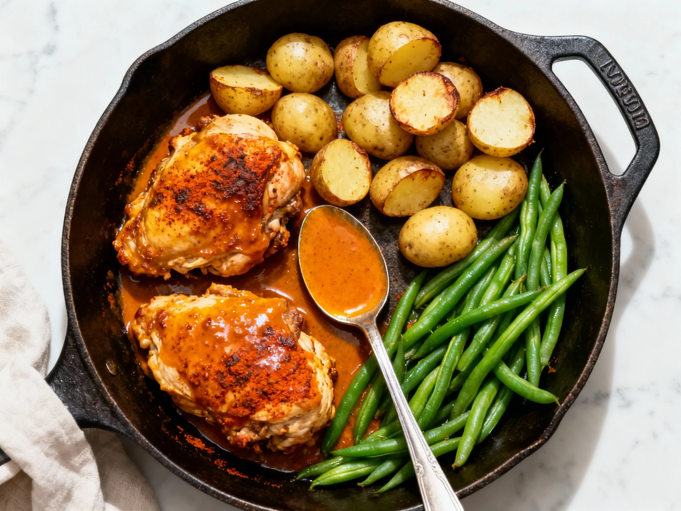 Food photography, Overhead shot of the finished skillet: smoked-paprika chicken thighs coated in bright, spoon-coating s