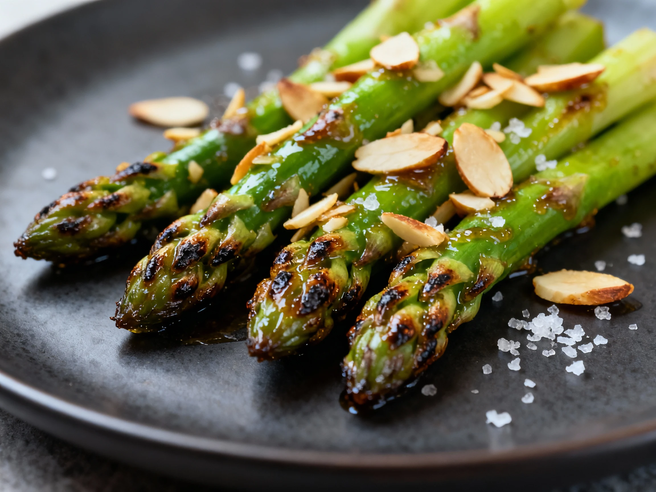 Food photography, Macro close-up: crisp-tender asparagus tips with deep blistered spots, brown-butter almondine finish—t