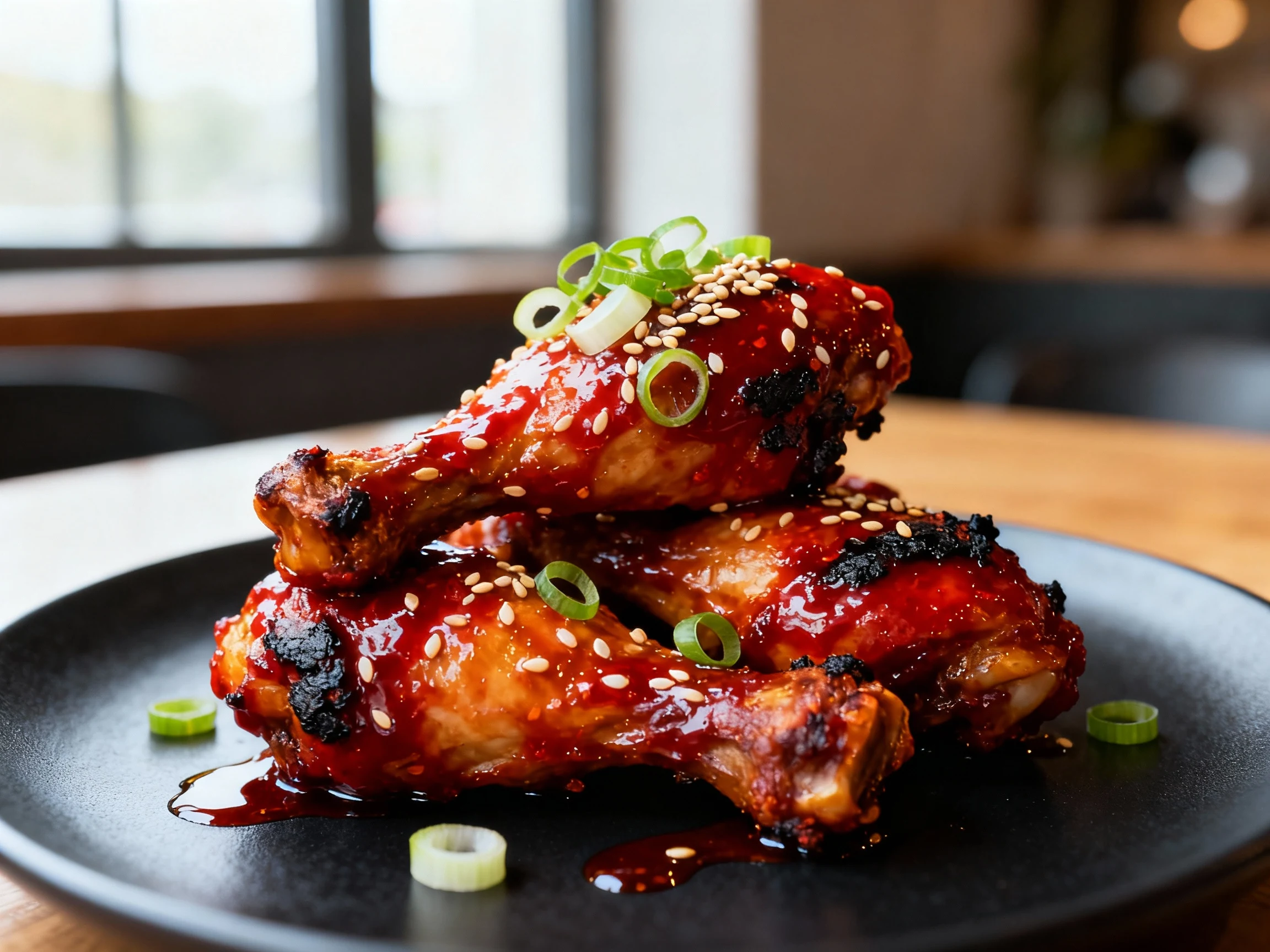 Food photography, Final dish close-up: gochujang-glazed chicken drumsticks stacked on a matte black plate, sticky red sh