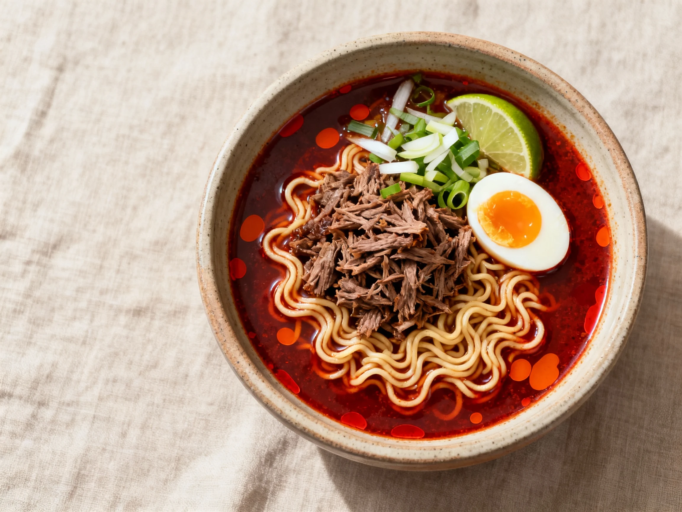 Food photography, Overhead shot of birria ramen: curly noodles bathed in deep red consomé with red-orange fat droplets, 