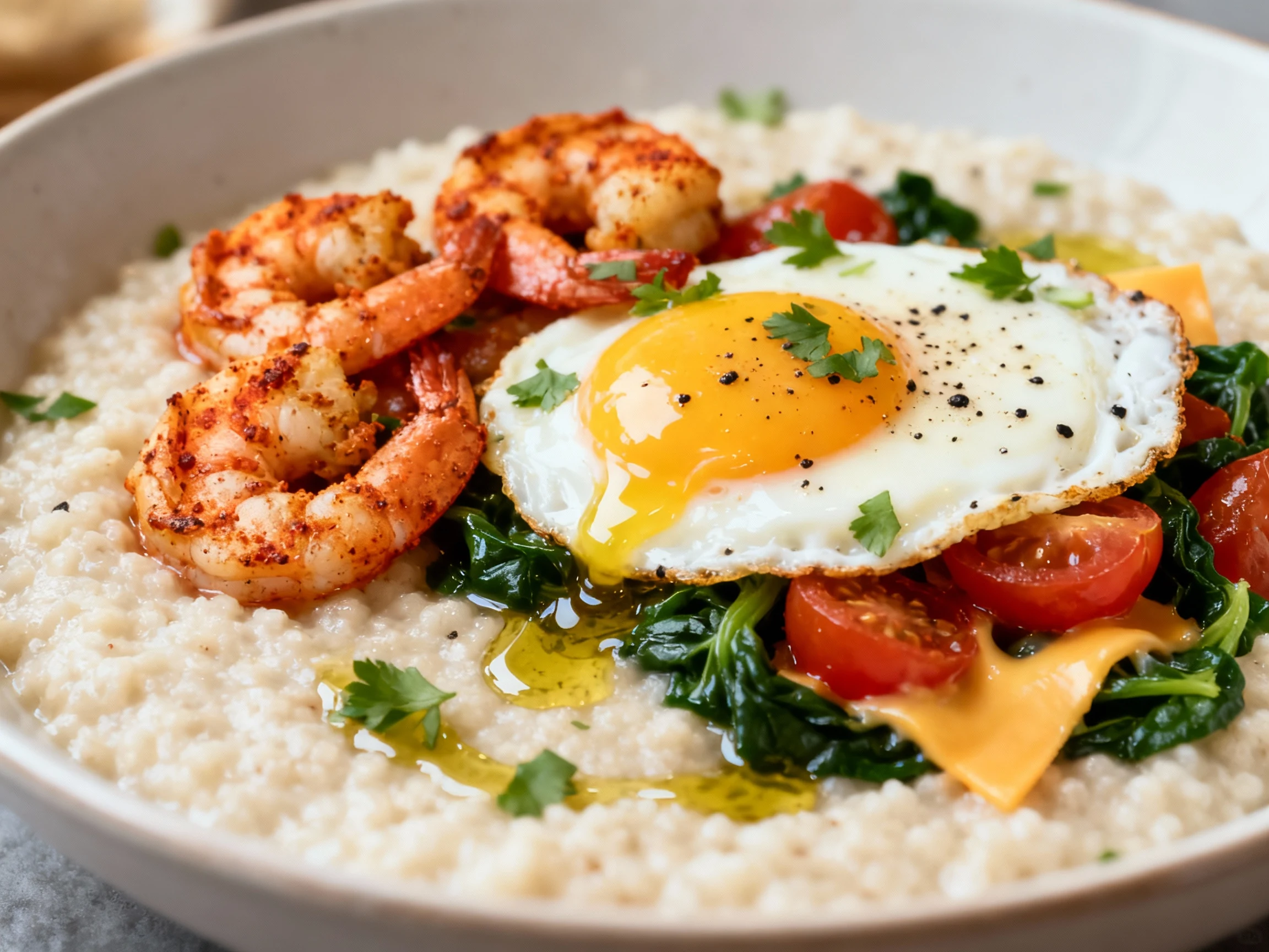 Food photography, Close-up detail of a grits bowl: creamy buttered grits topped with paprika-seared shrimp and a sunny-s