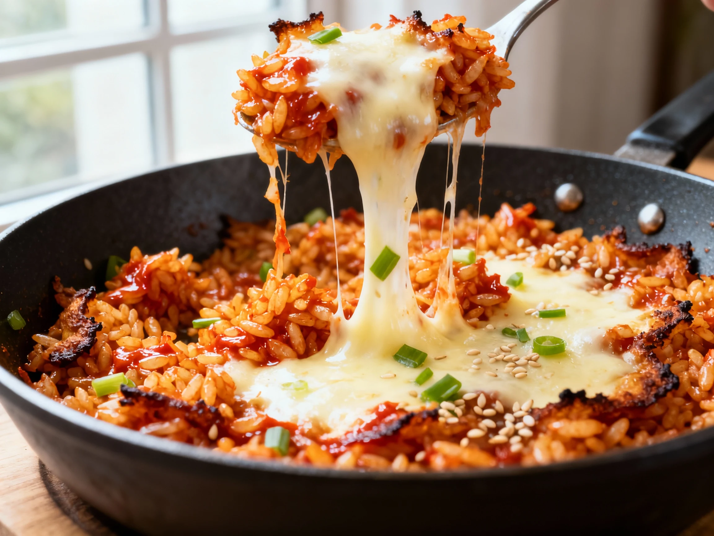 Food photography, Close-up detail of the Cheesy Melt variation: sizzling kimchi fried rice in a nonstick skillet with me