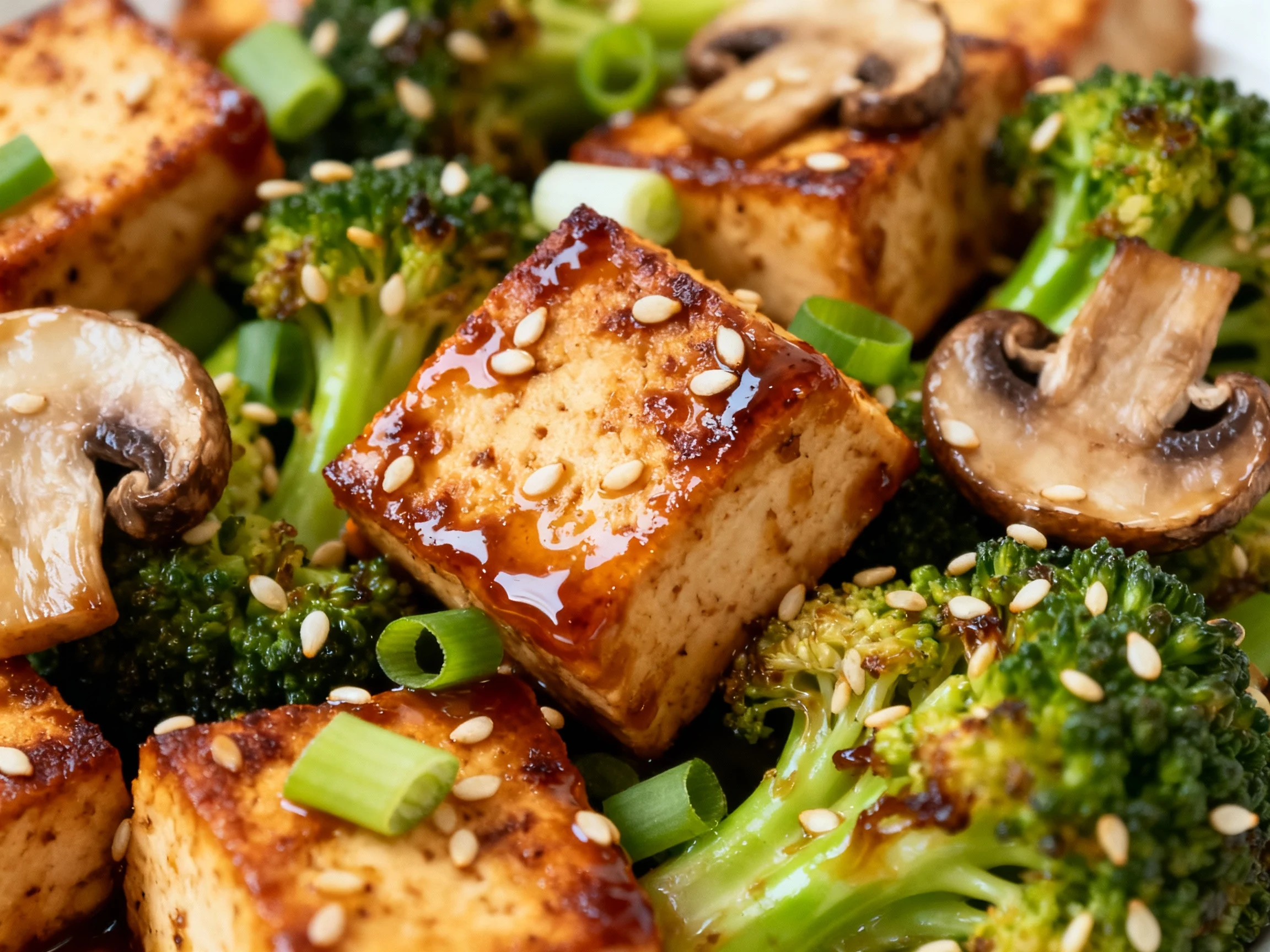 Food photography, Close-up detail of garlic-teriyaki tofu: glossy glaze clinging to crispy, caramelized cubes alongside 