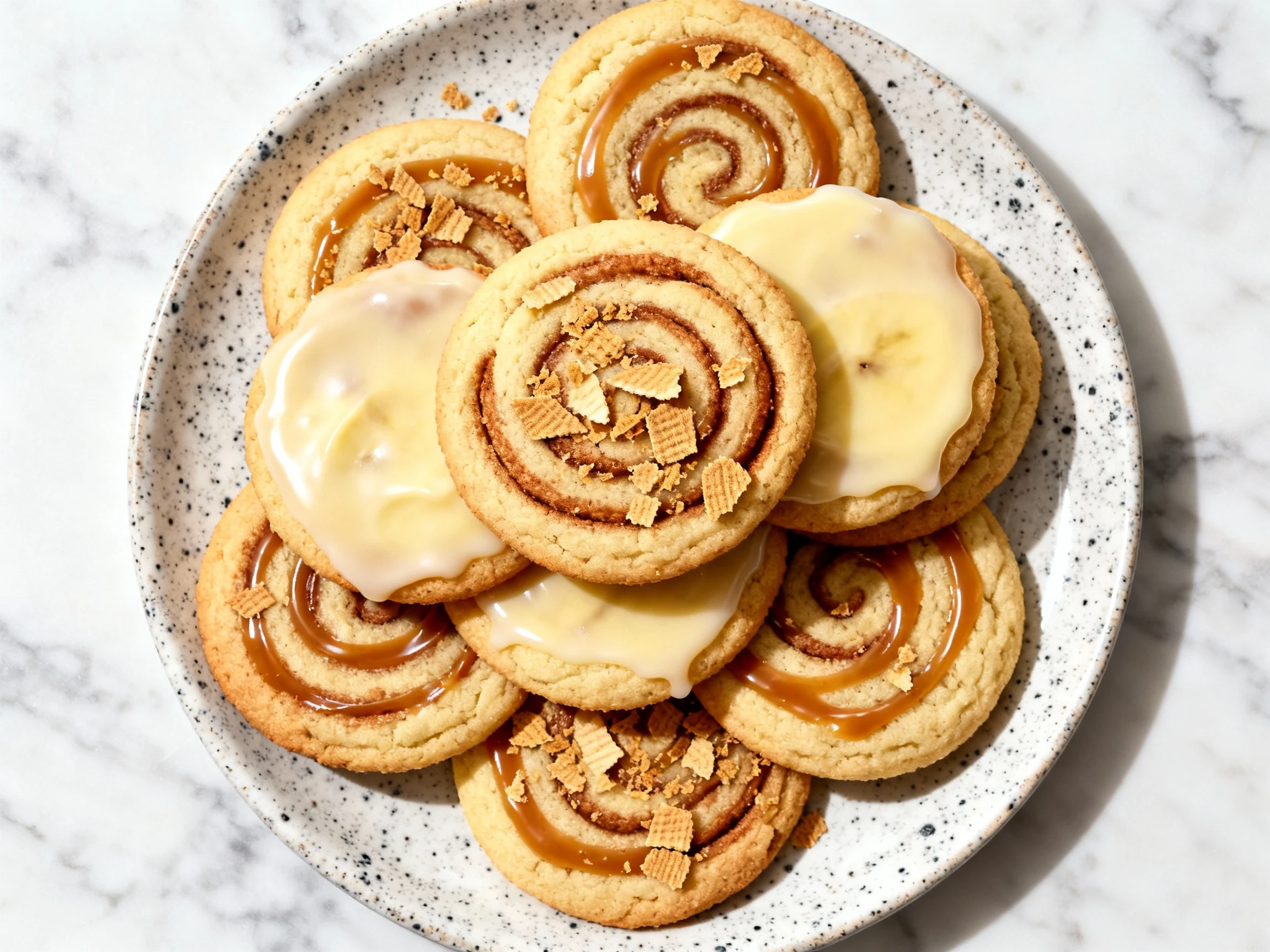 Food photography, 3. Tasty top view final: Overhead shot of a speckled ceramic plate stacked with banana pudding cookies