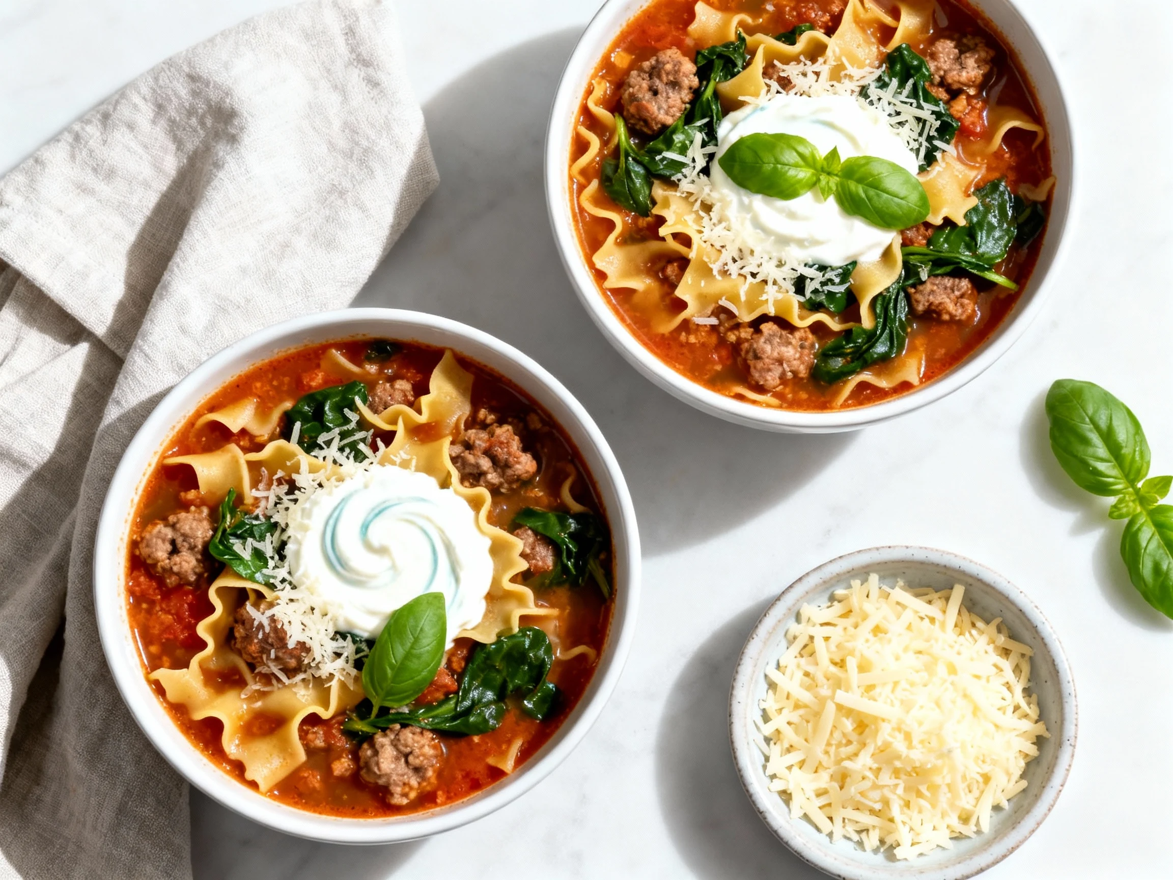 Food photography, Tasty top view: Overhead shot of two bowls of Instant Pot lasagna soup showing noodle shards, sausage,