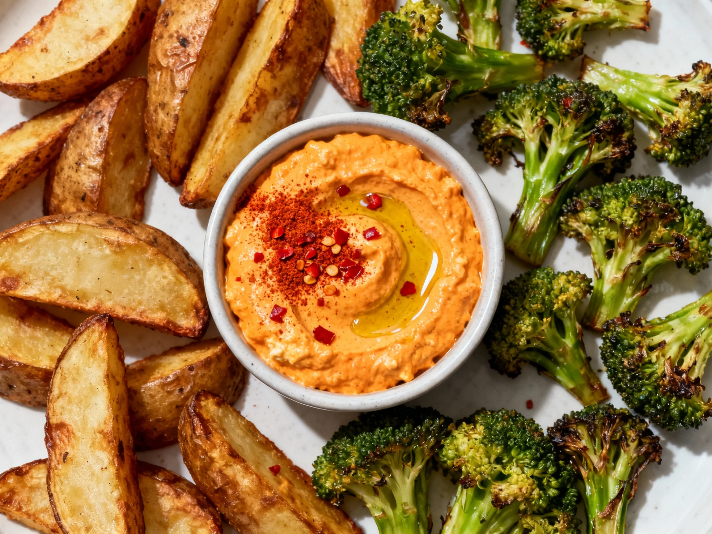 Food photography, Overhead shot of a creamy orange spicy chipotle cottage cheese sauce in a small bowl, sprinkled with s