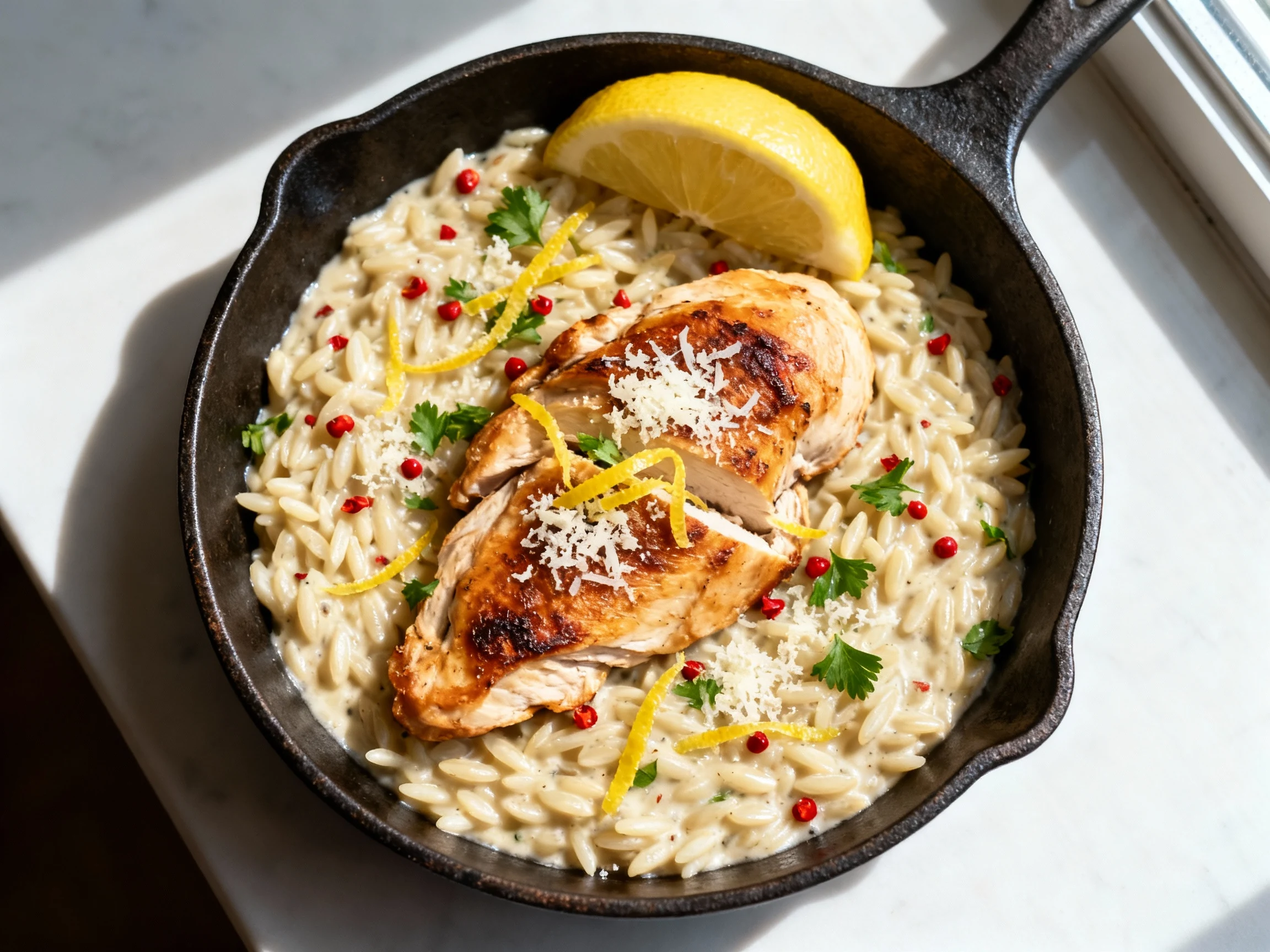 Food photography, Tasty top view: overhead shot of finished creamy orzo with chicken served straight from a small skille