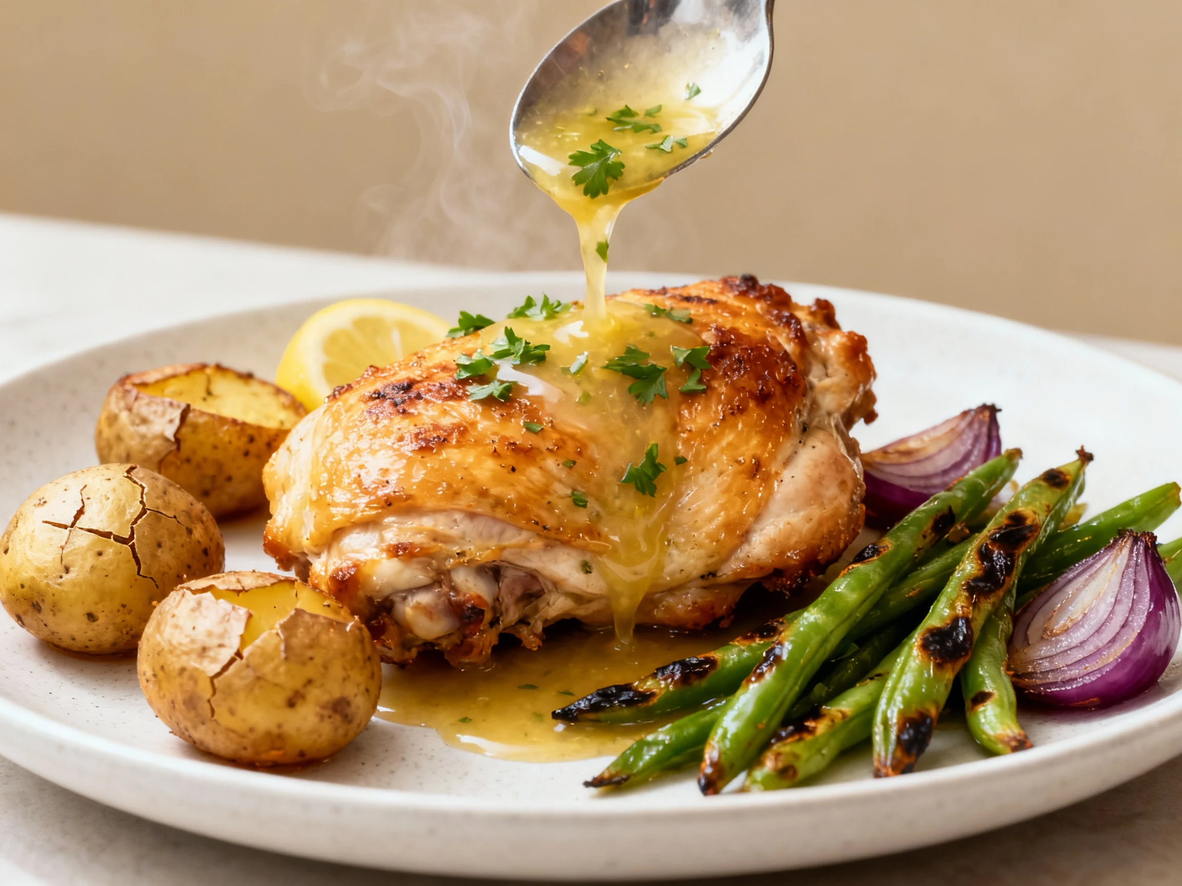 Food photography, Final plated dish: lemon-garlic roasted chicken thighs with roasted baby potatoes and blistered green 
