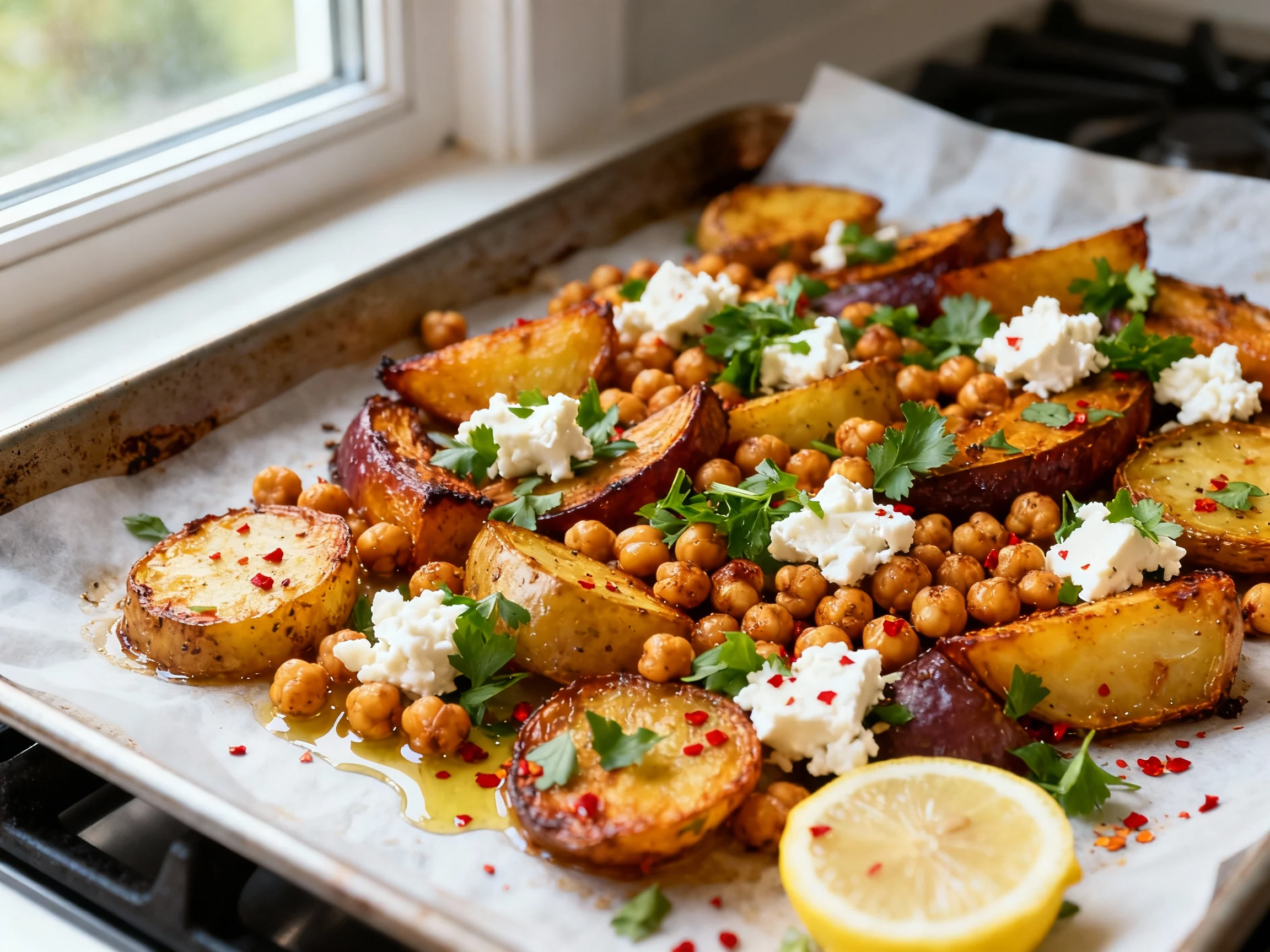 Food photography, 3. Cooking process finale: the hot sheet pan just out of a 425°F oven, vegetables deeply golden with c