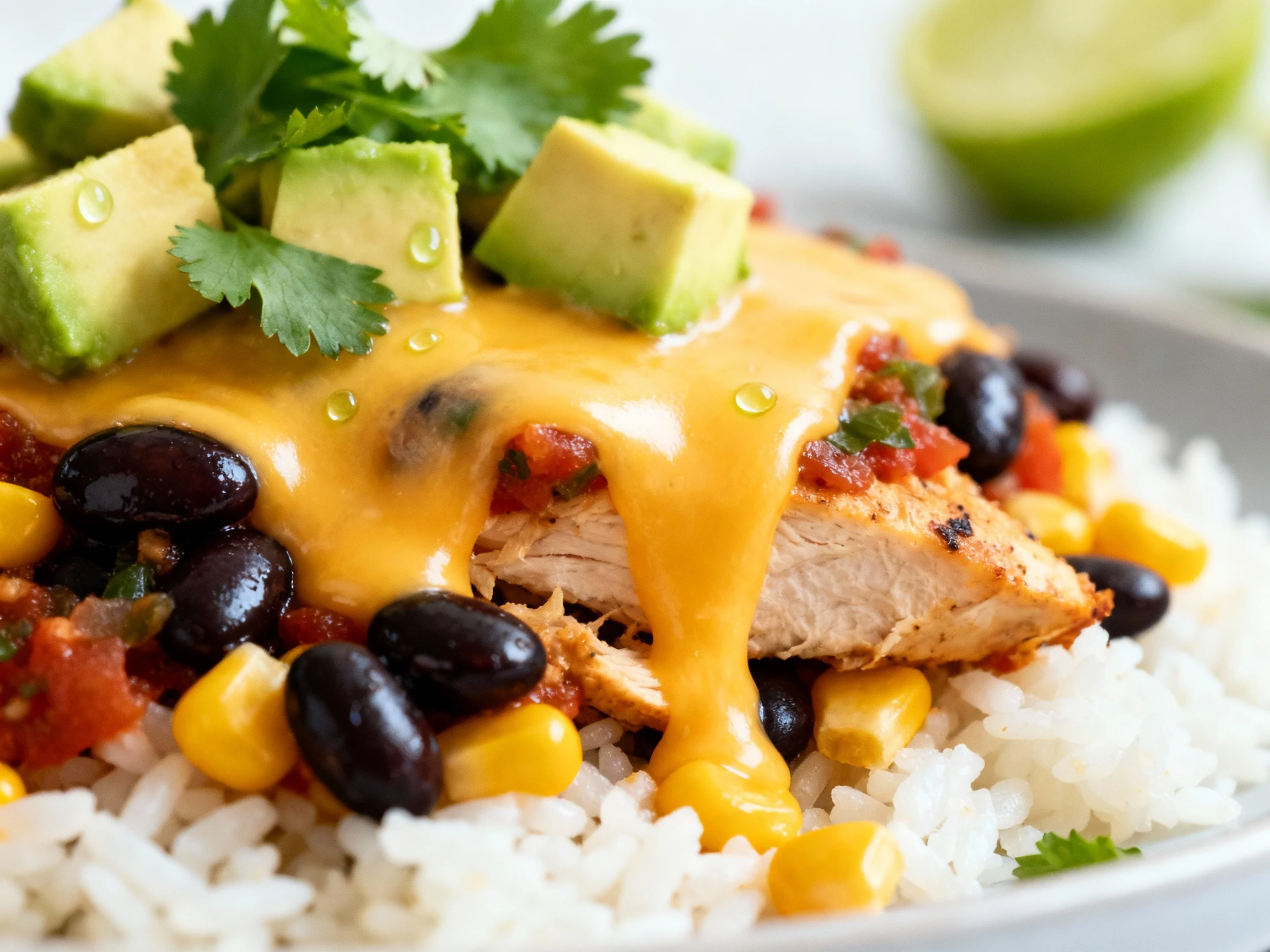 Food photography, Close-up detail: gooey melted cheese cascading over salsa chicken atop rice; glossy black beans and sw