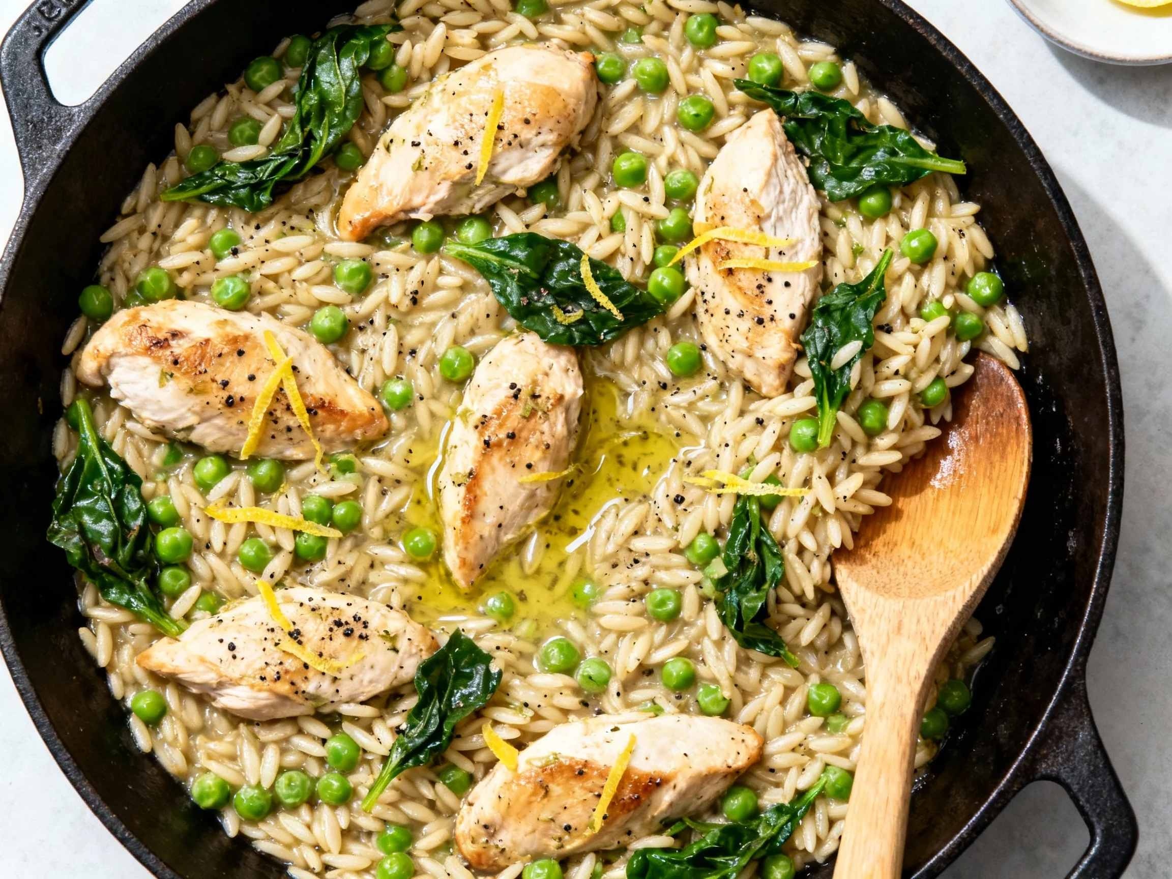 Food photography, Tasty top-down: overhead of the one-pan Lemon-Garlic Chicken Orzo in skillet—saucy orzo studded with p