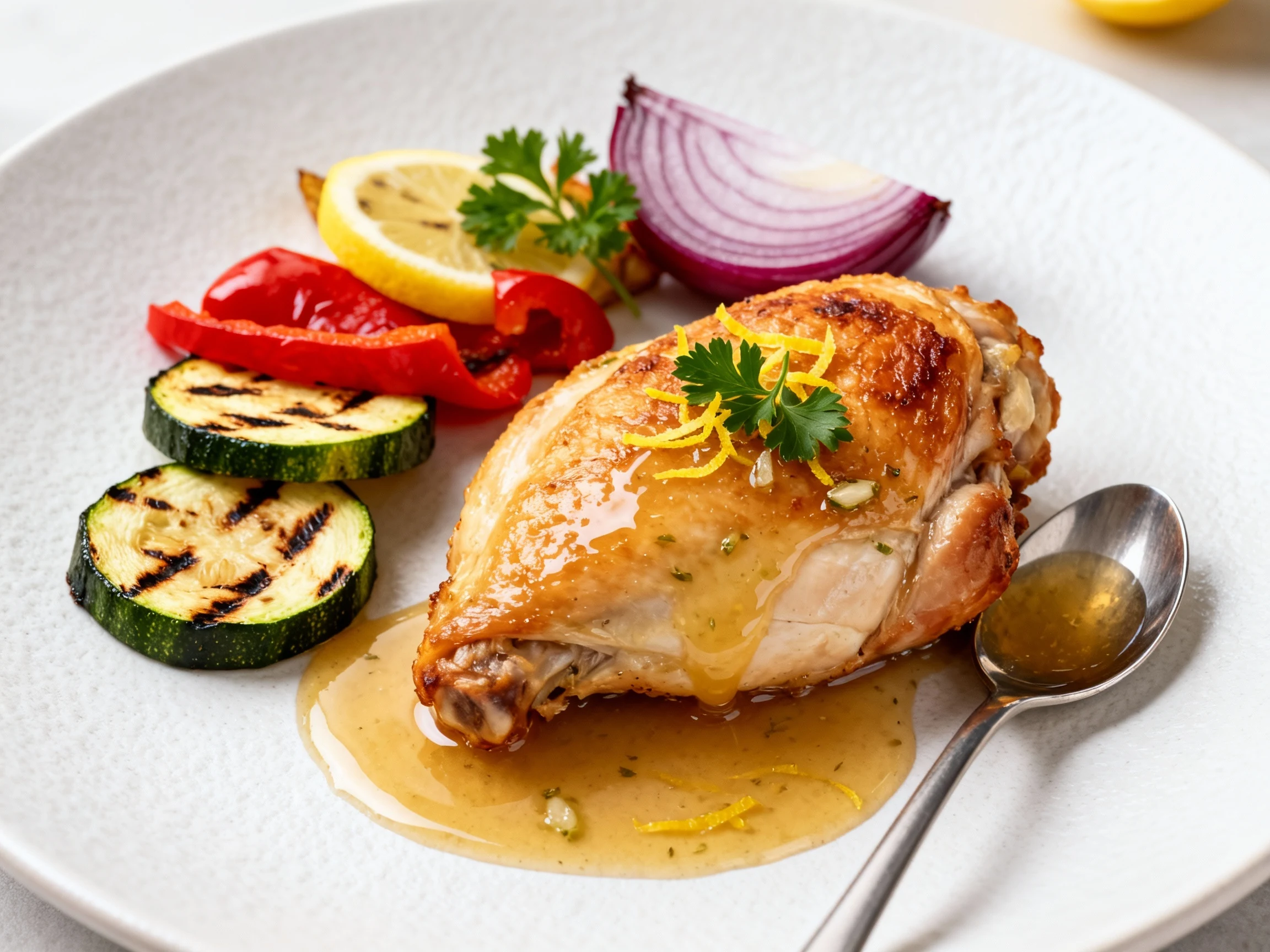 Food photography, 3. Beautifully plated lemon–garlic chicken thigh on a matte white plate: crisp golden skin, spooned wi