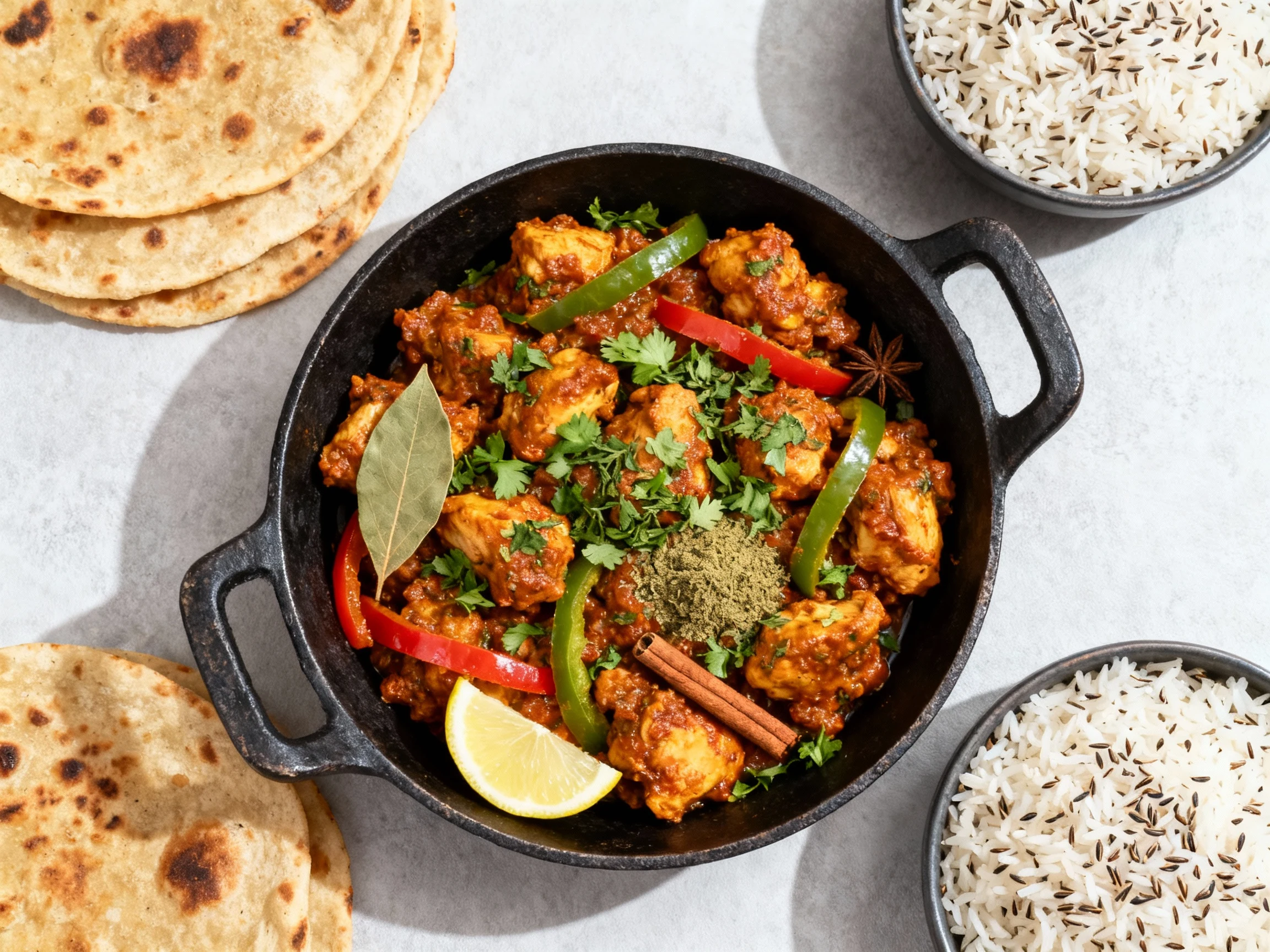 Food photography, Overhead shot of kadai-style boneless chicken: chunky masala clinging to pieces, crisp sautéed capsicu
