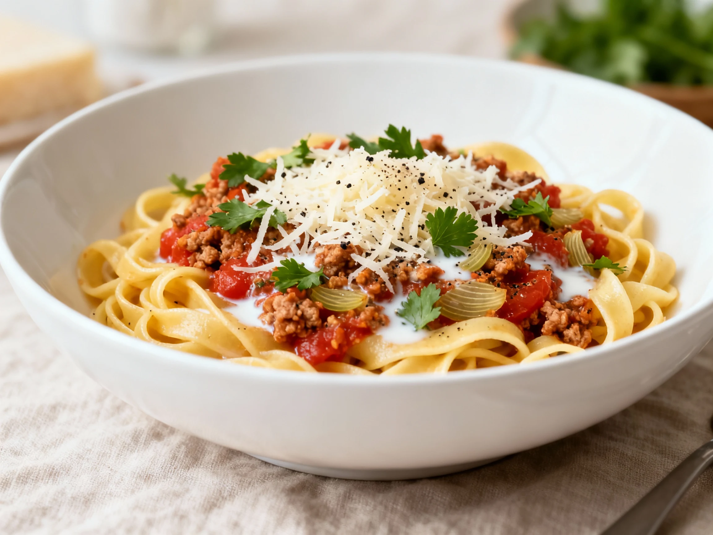 Food photography, Final dish presentation: Italian-ish Weeknight Bolognese—buttered noodles tossed with tomato-rich grou