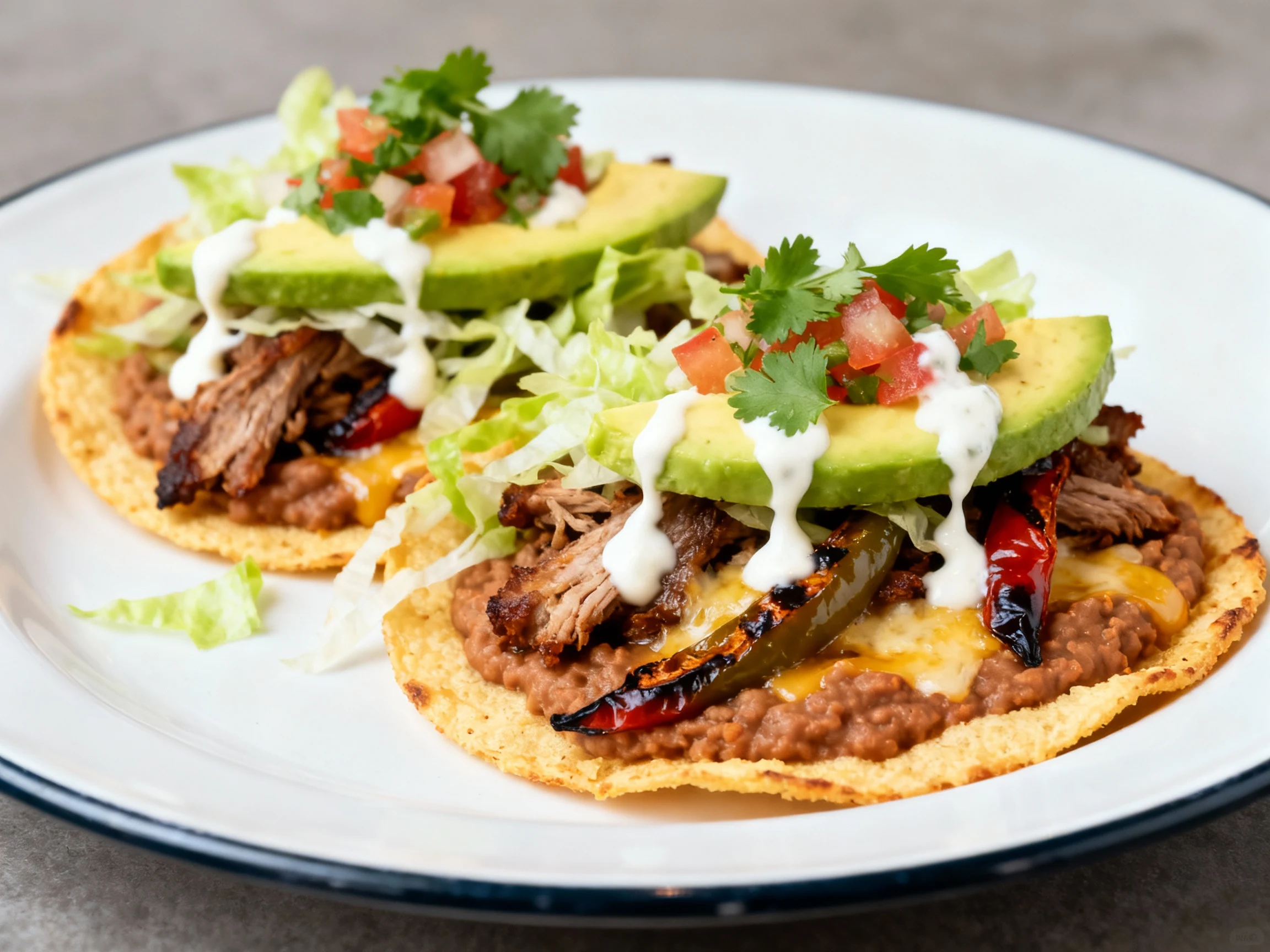 Food photography, 3. Beautifully plated tostadas on a white rimmed plate: oven-toasted corn tortillas topped with warm r