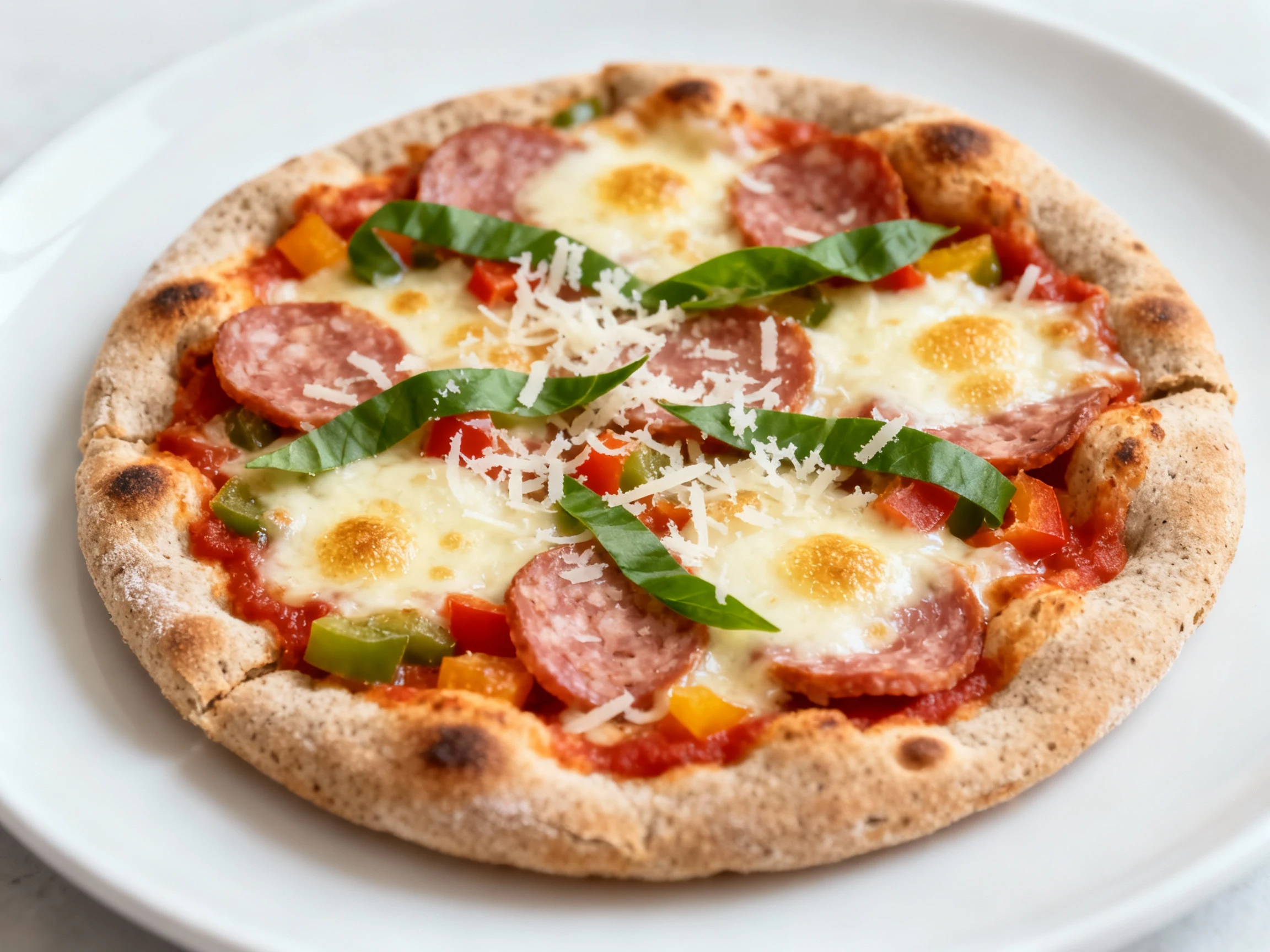 Food photography, Close-up of a plated mini pita pizza on a small white plate, whole-wheat crust crisp and blistered, th