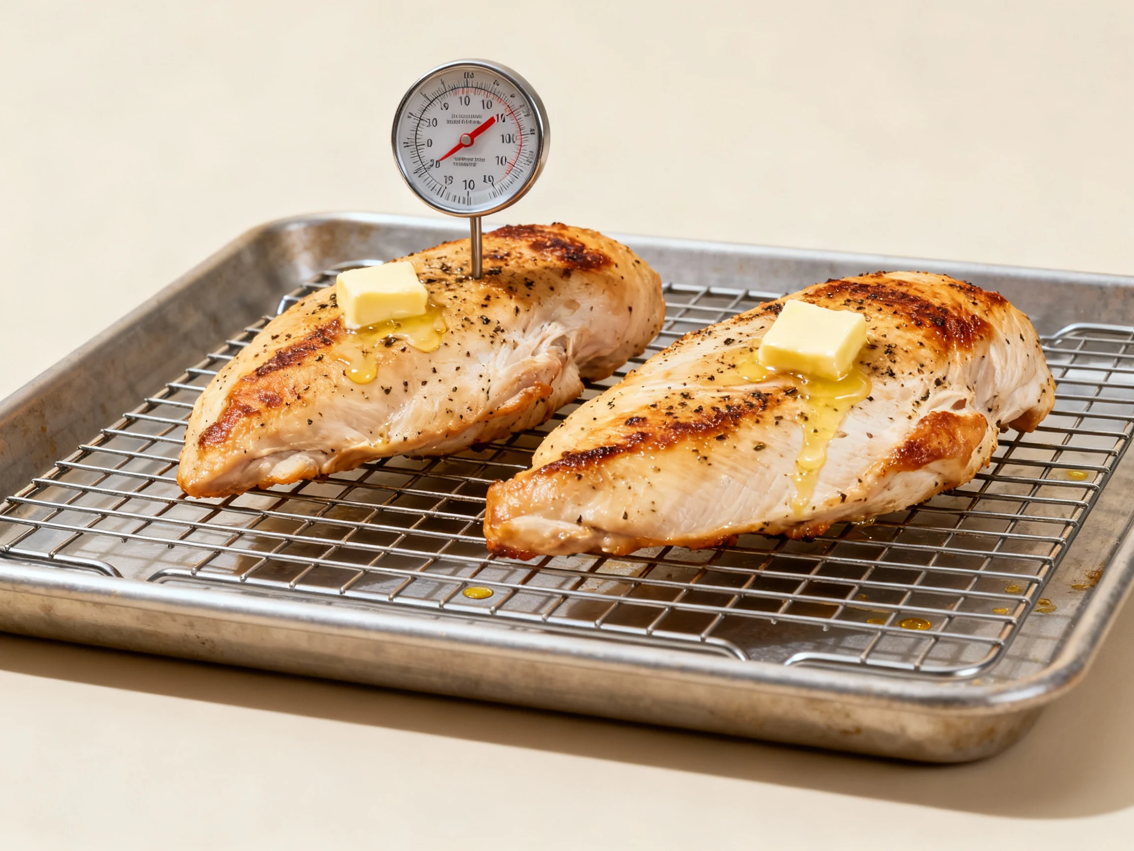Food photography, Cooking process shot: seasoned boneless chicken breasts on a wire rack set in a sheet pan, just pulled