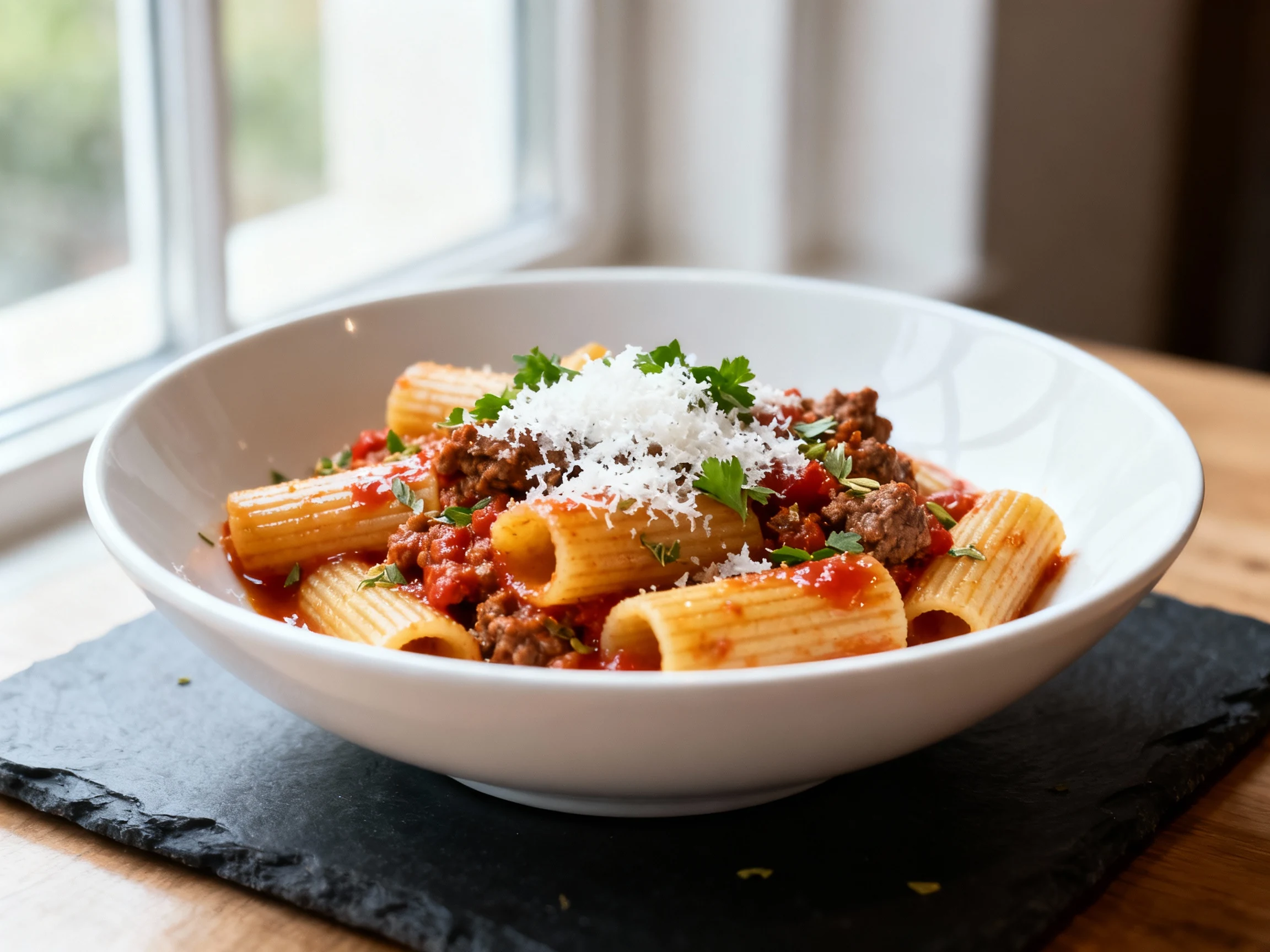 Food photography, 3. Close-up of Italian-style rigatoni with slow-cooked beef ragu: tomato-butter gloss clinging to past