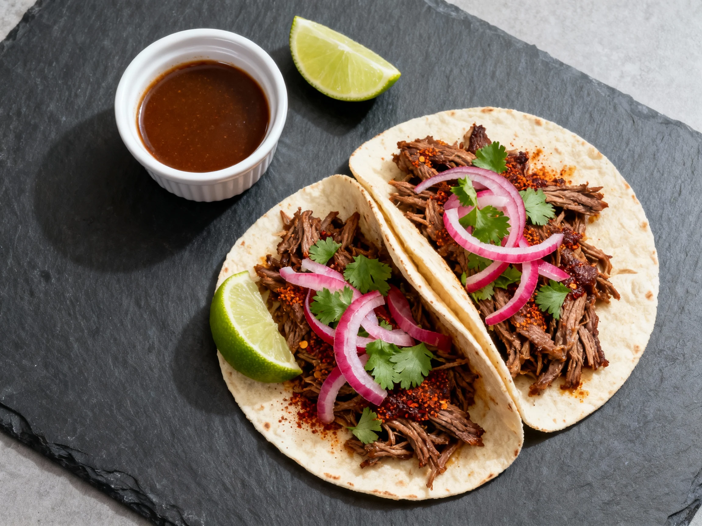 Food photography, Overhead shot of Tex-Mex shredded Instant Pot beef tucked into soft tortillas, topped with pickled red