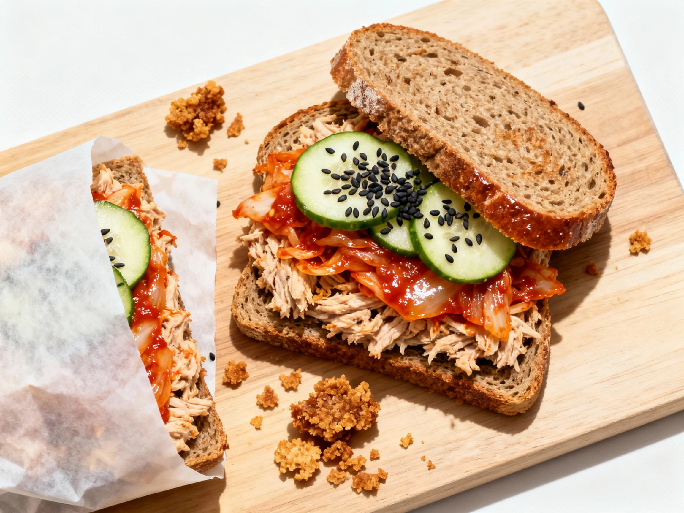 Food photography, Overhead shot of Spicy Kimchi Tuna Crunch: toasted whole wheat halves showing sriracha-tinted tuna sal