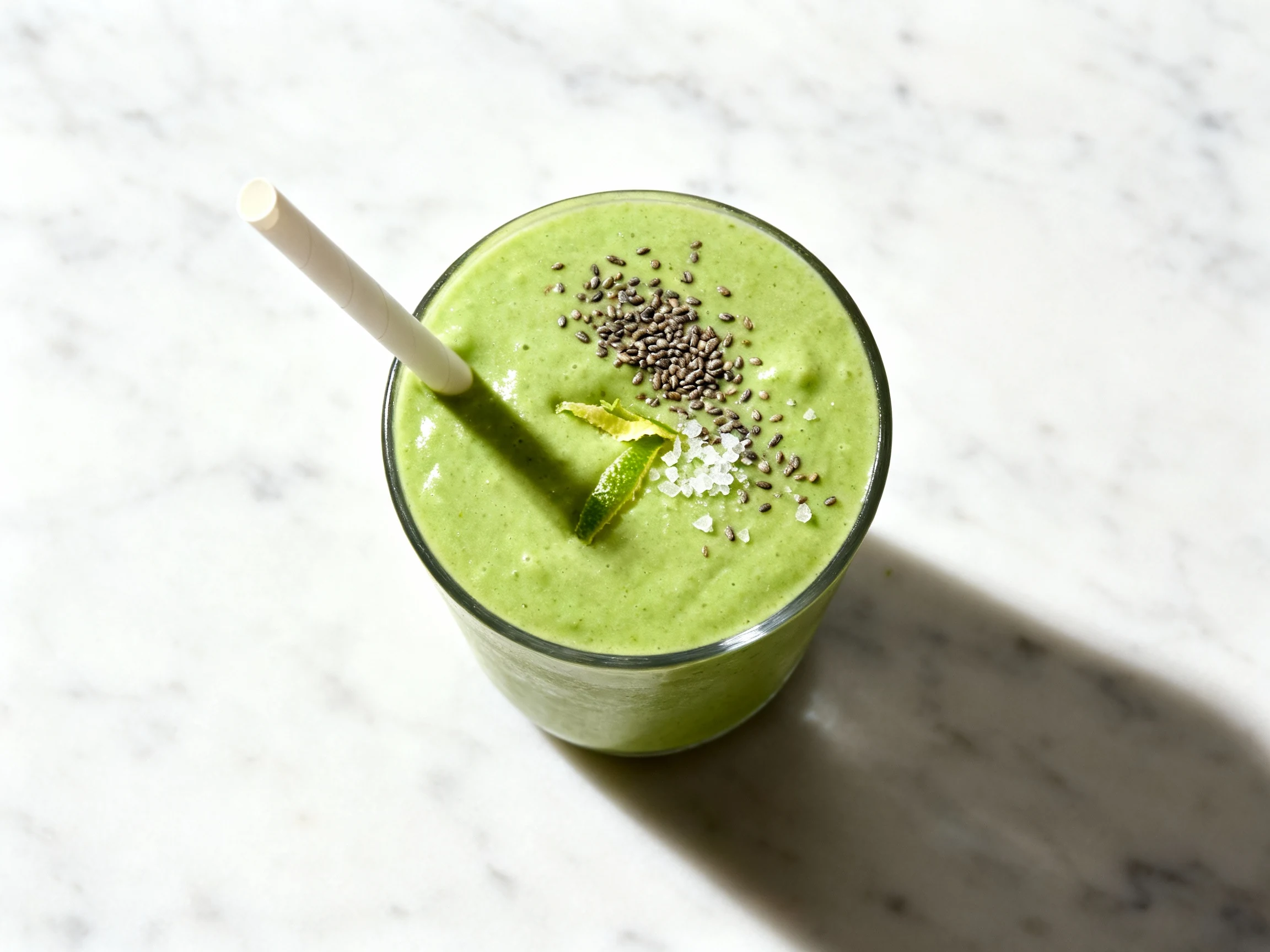 Food photography, 3. Overhead shot of Green Machine protein shake in a short tumbler: vibrant creamy green surface with 