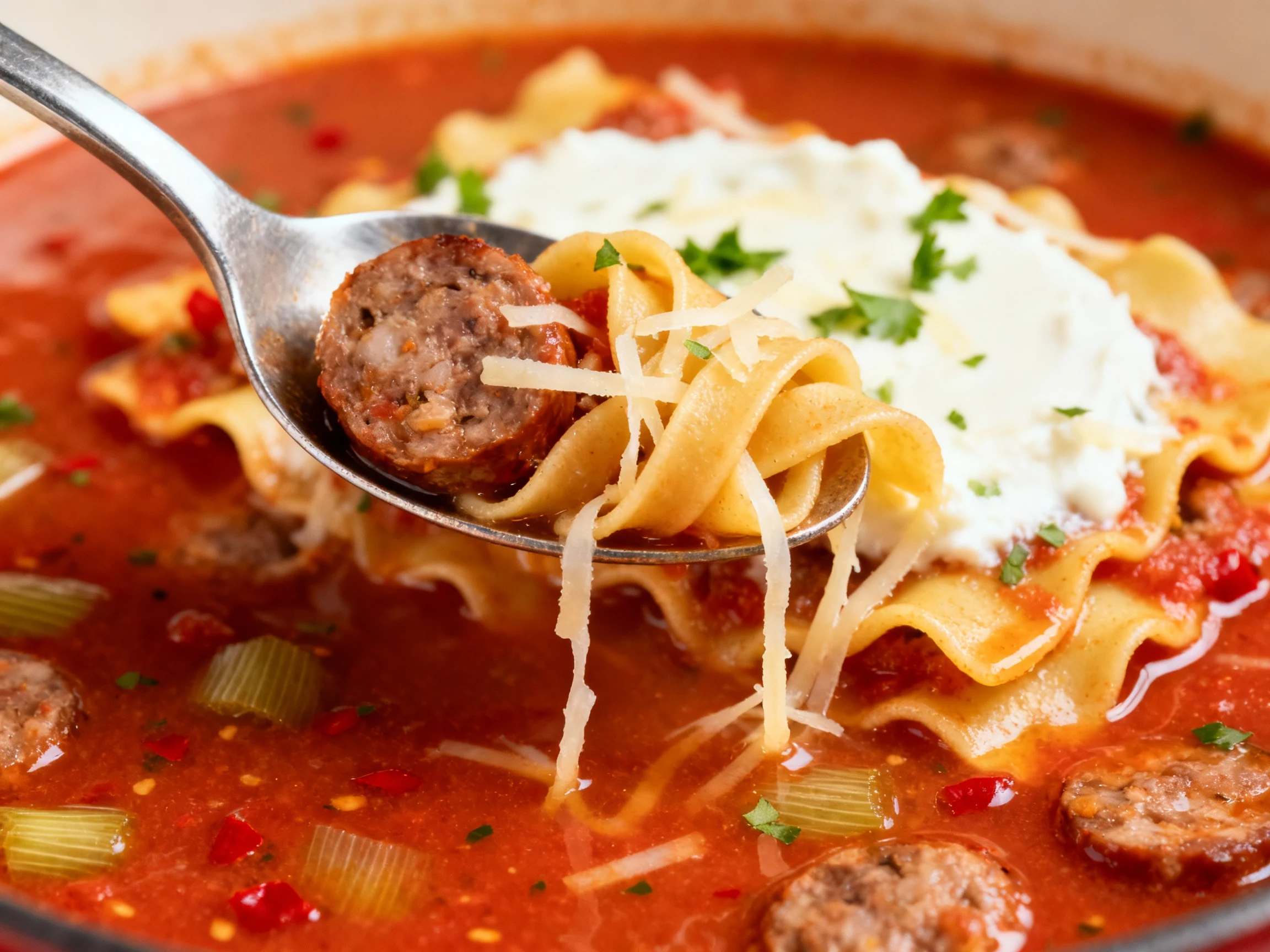 Food photography, Close-up detail of a spoon lifting noodles and sausage from lasagna soup, glossy tomato broth with fle