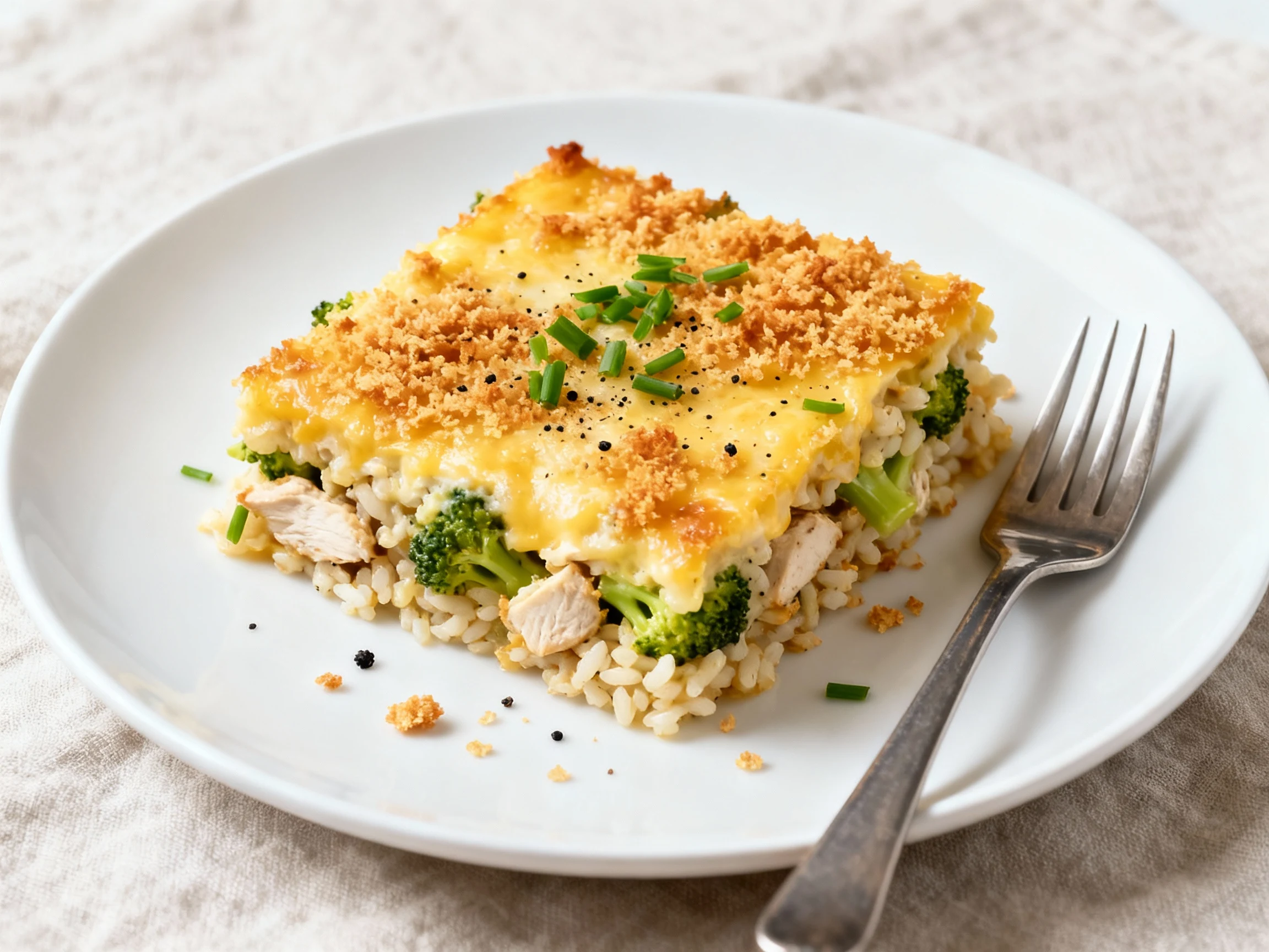 Food photography, Restaurant-style final plate: a neat square of chicken broccoli rice casserole on a matte white plate,
