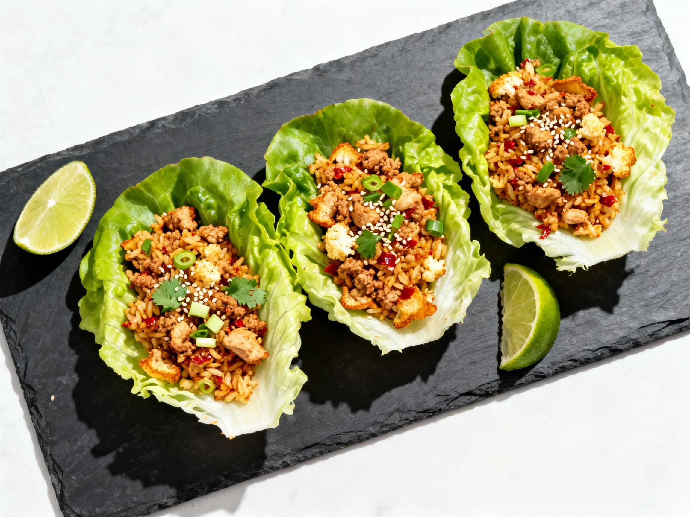 Food photography, 3. Overhead top view: butter lettuce cups stuffed with the cooked ground chicken–cauliflower rice mixt