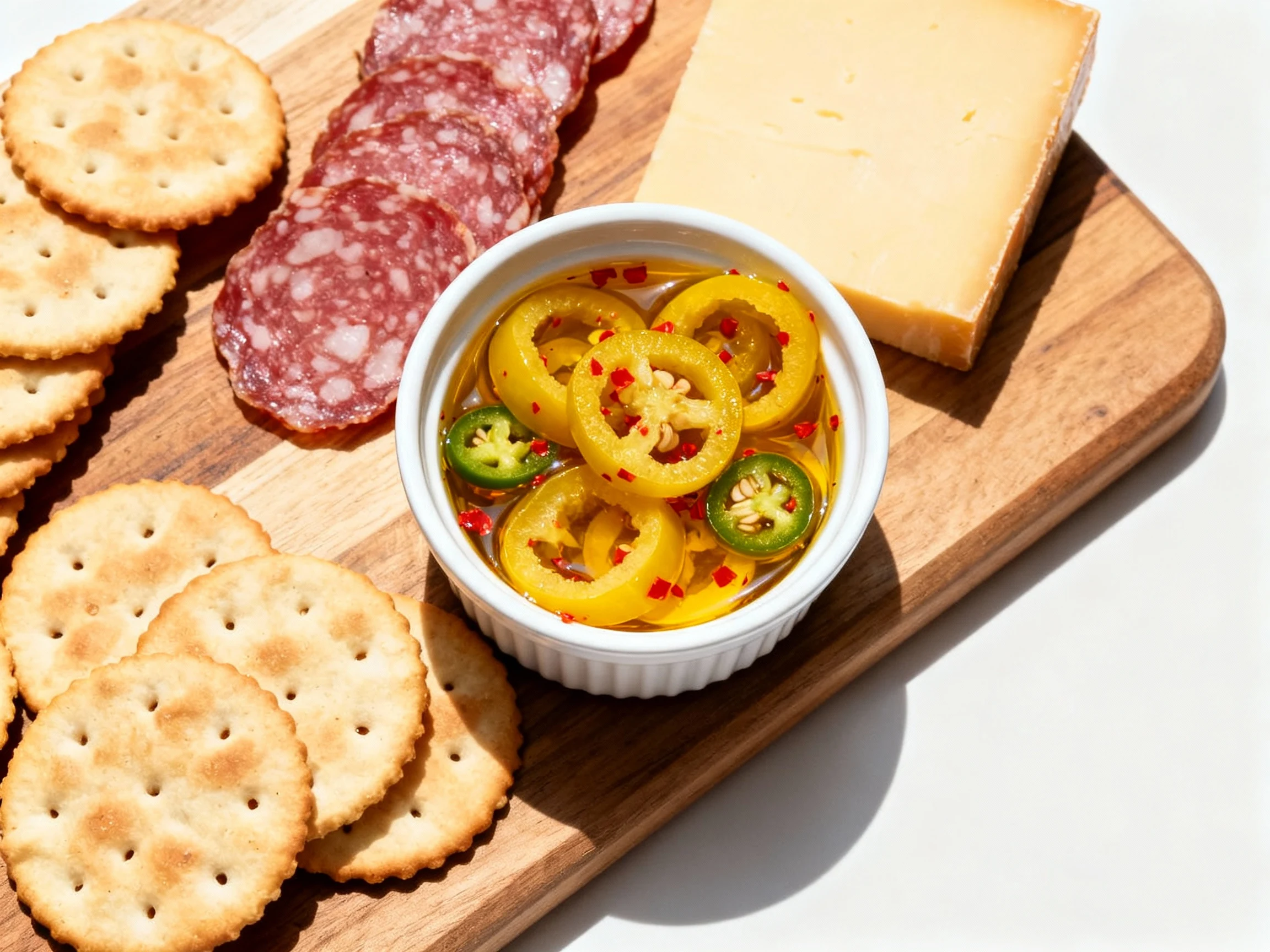 Food photography, Overhead serving shot: small ramekin of Sweet Heat banana pepper rings in bright golden brine with red