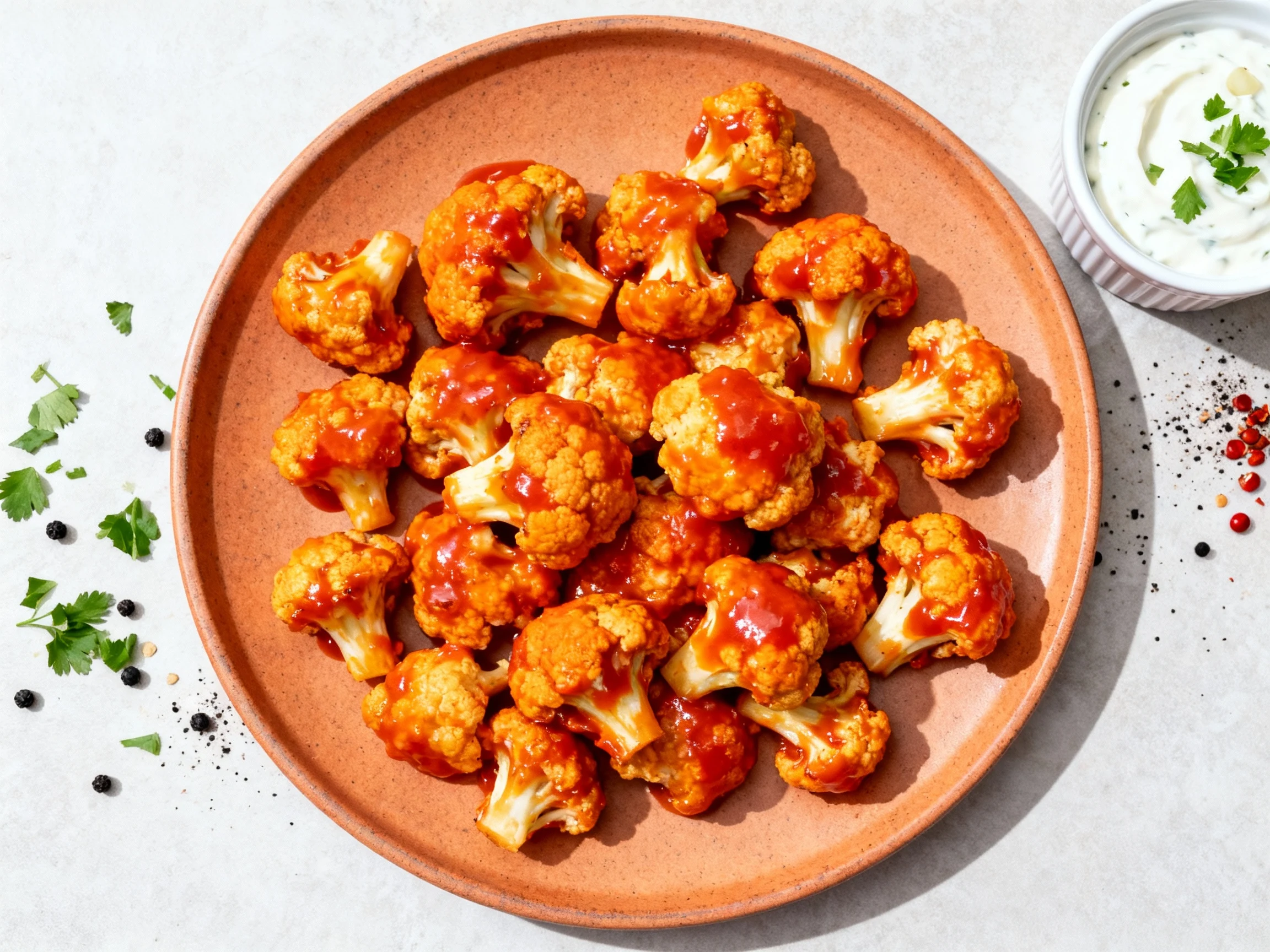 Food photography, Tasty top view: overhead shot of Buffalo cauliflower bites on a warm ceramic platter, glossy orange-re