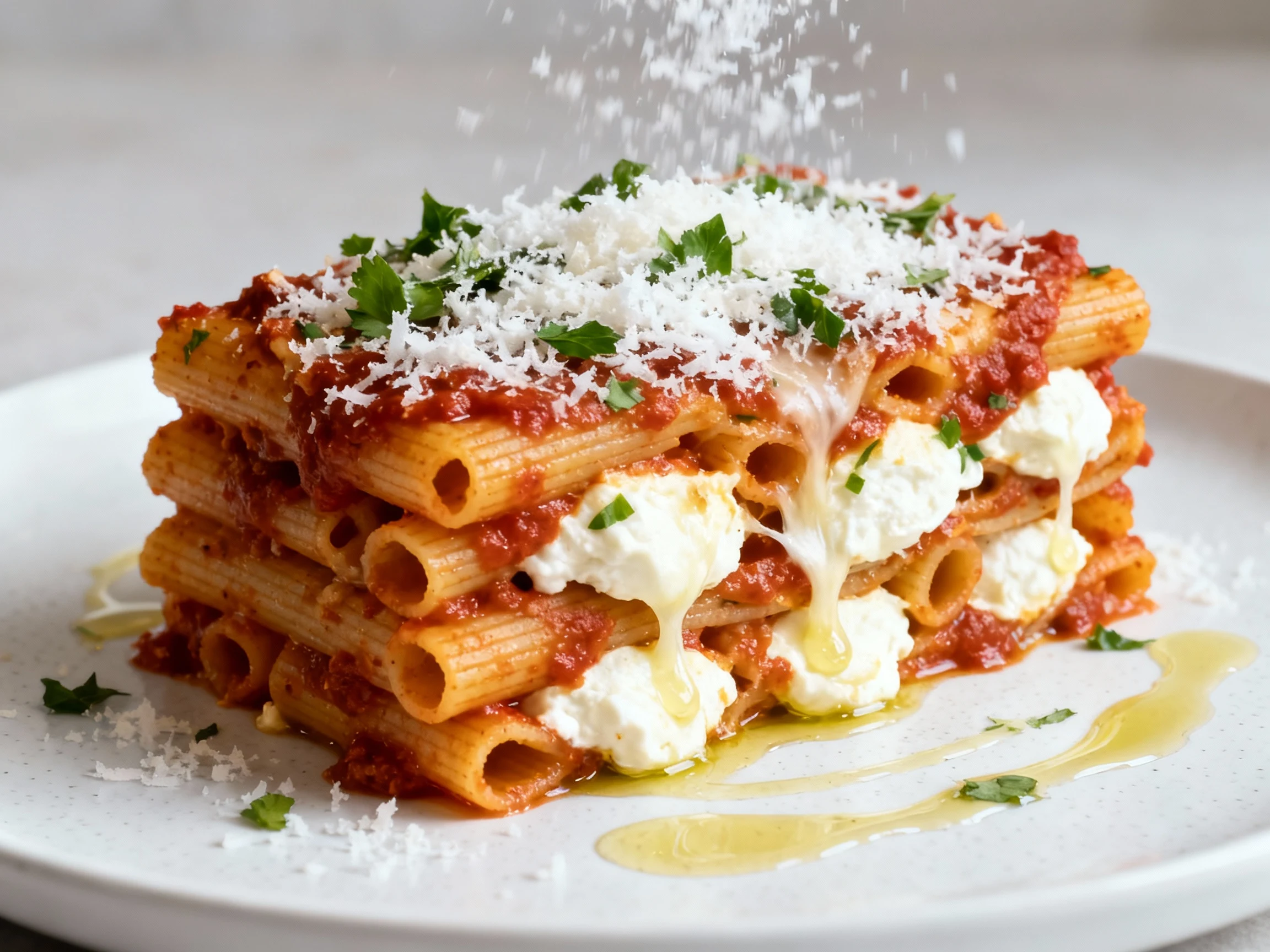 Food photography, Final plated hero: a tall, set slice of baked ziti on a matte white plate showing sauce clinging to tu