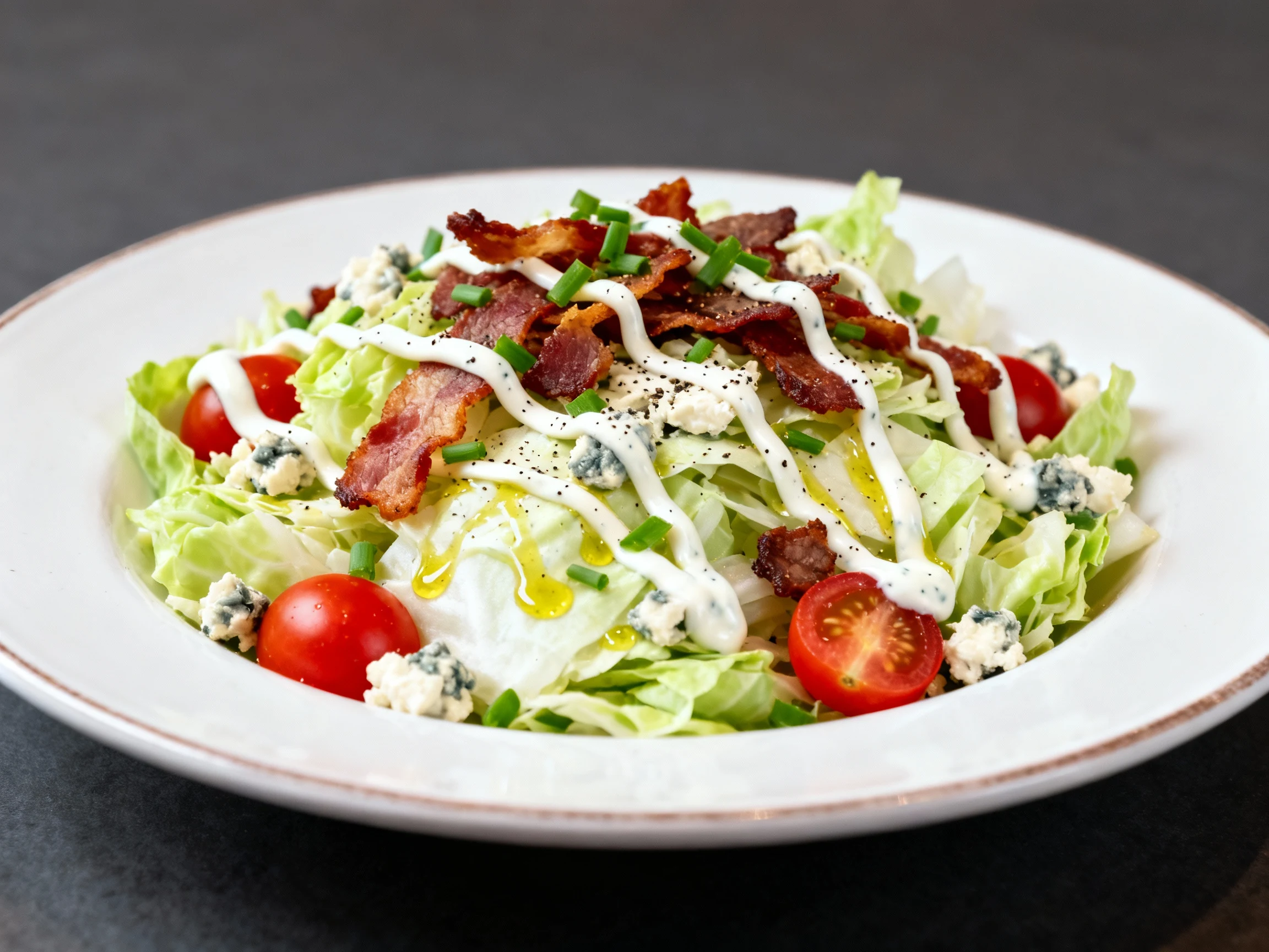 Food photography, Beautifully plated Steakhouse Remix chopped iceberg salad with crispy bacon, cherry tomatoes, chives, 
