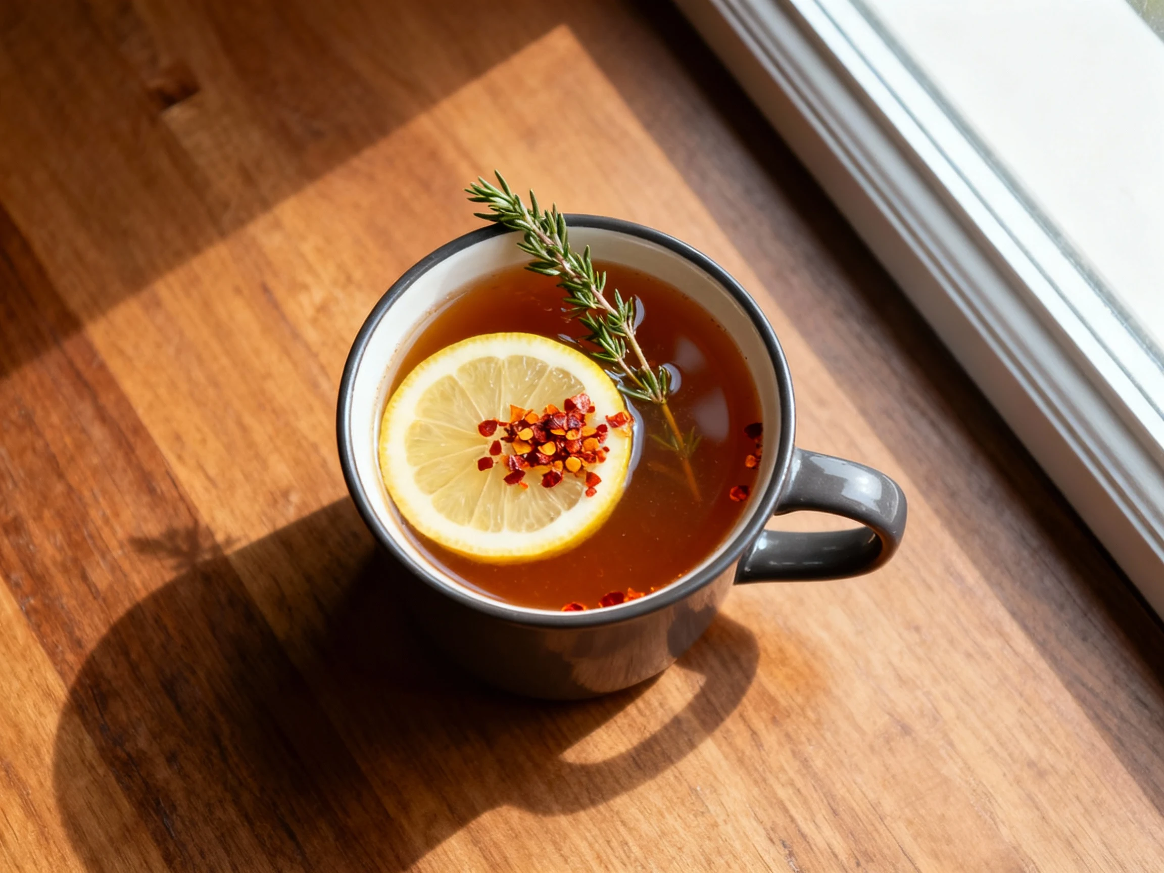 Food photography, 3. Overhead shot of roasted bone broth in a mug: deep amber, crystal-clear surface with a squeeze of l
