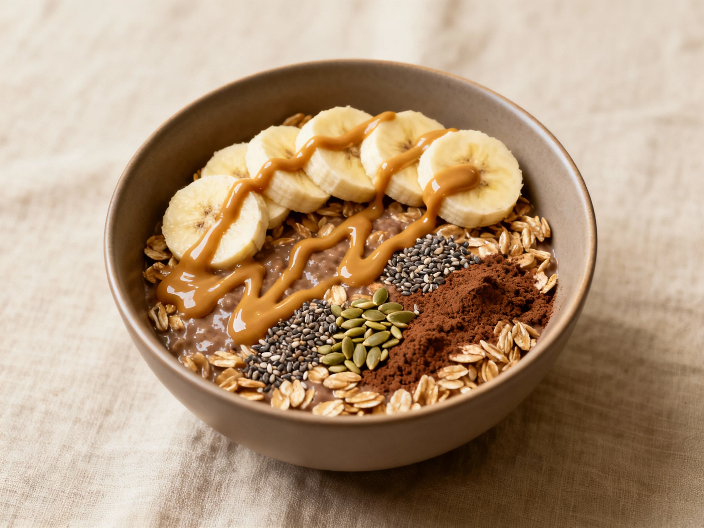 Food photography, Tasty top view: Overhead shot of Peanut Butter Banana oatmeal—banana slices fanned, peanut butter driz