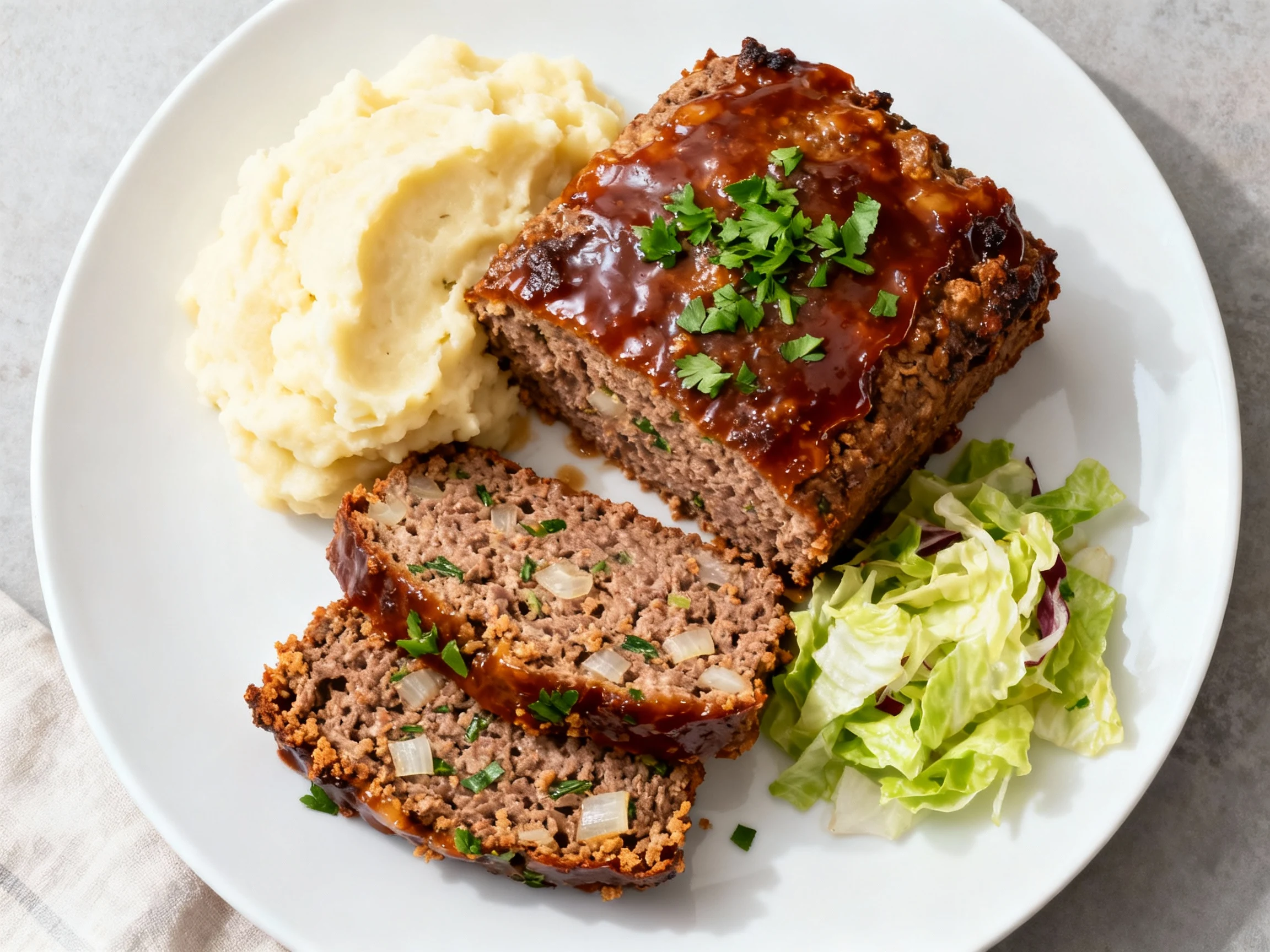 Food photography, 3. Overhead shot of thick-sliced meatloaf plated with buttery mashed potatoes and a small crisp salad,